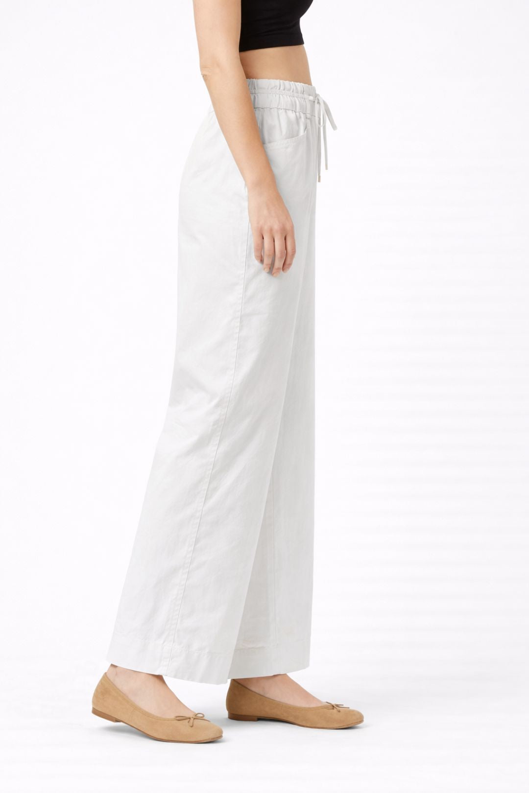 Women White Cotton Poplin Wide Leg Trouser High Waist Drawstring Pants