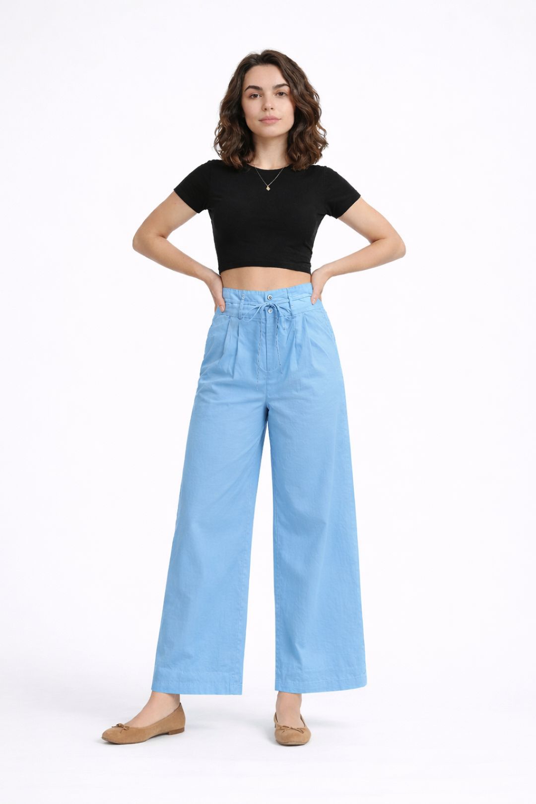 Women Sky Blue Cotton Poplin Wide Leg Trouser High Waist Drawstring Pants