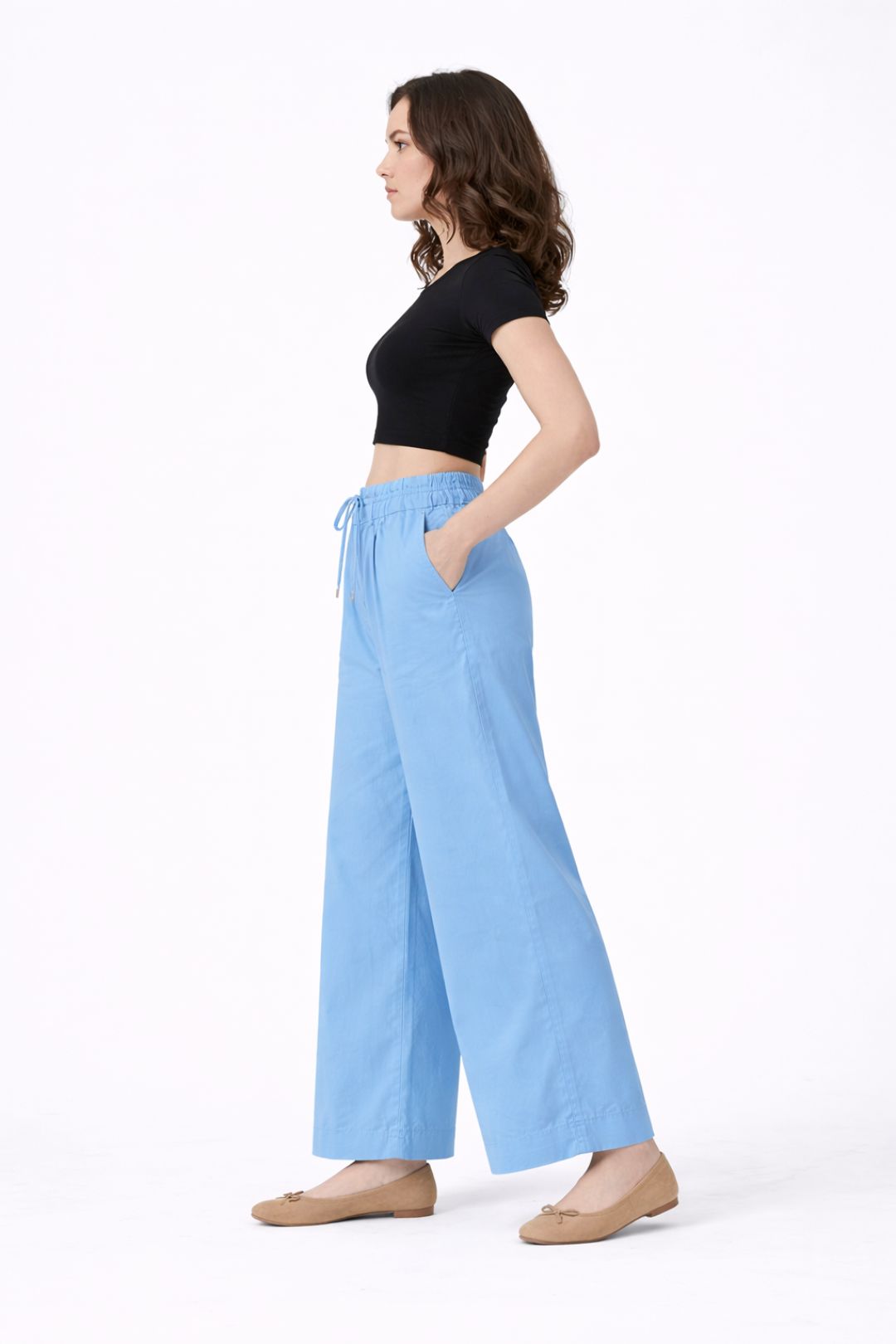 Women Sky Blue Cotton Poplin Wide Leg Trouser High Waist Drawstring Pants