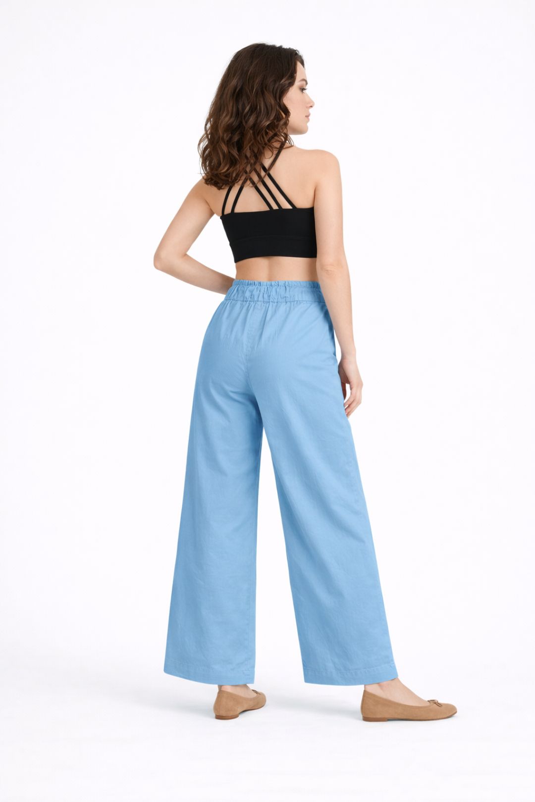 Women Sky Blue Cotton Poplin Wide Leg Trouser High Waist Drawstring Pants