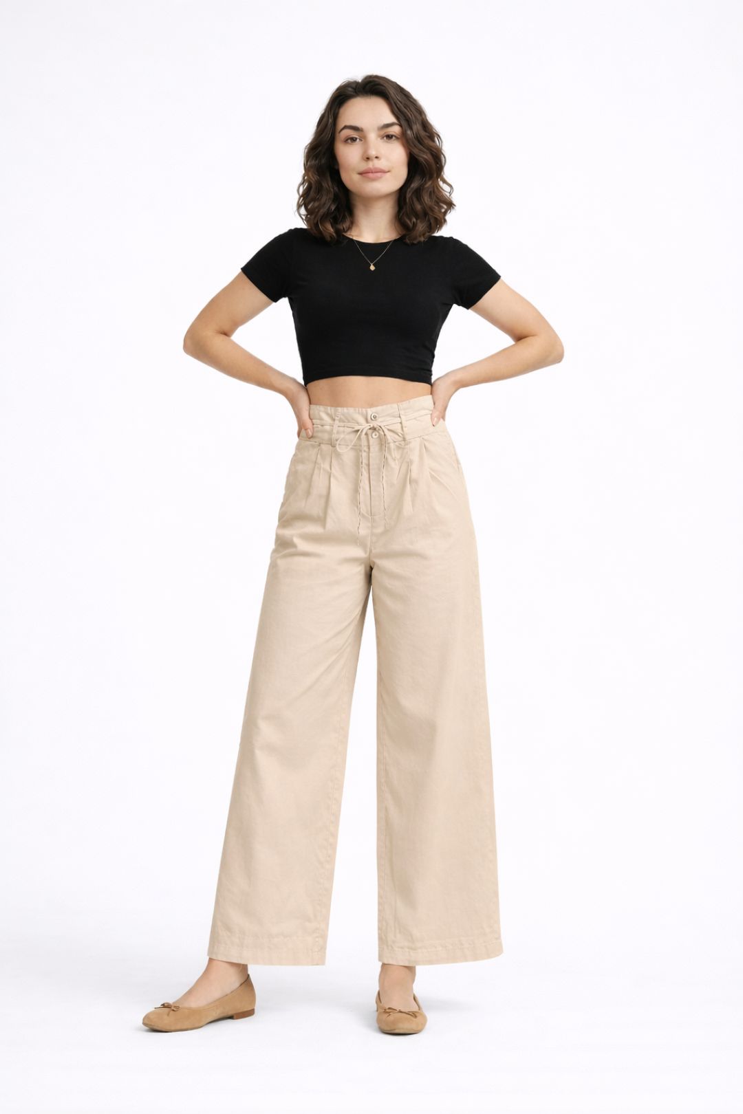 Women Beige Cotton Poplin Wide Leg Trouser High Waist Drawstring Pants