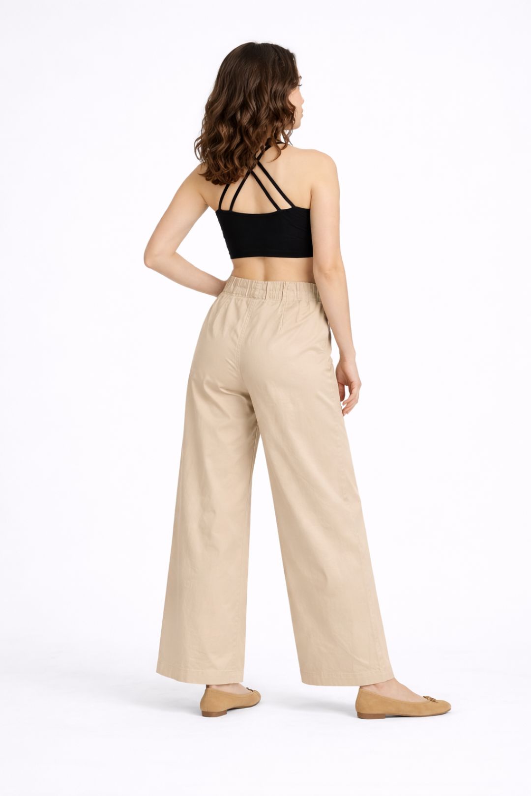 Women Beige Cotton Poplin Wide Leg Trouser High Waist Drawstring Pants