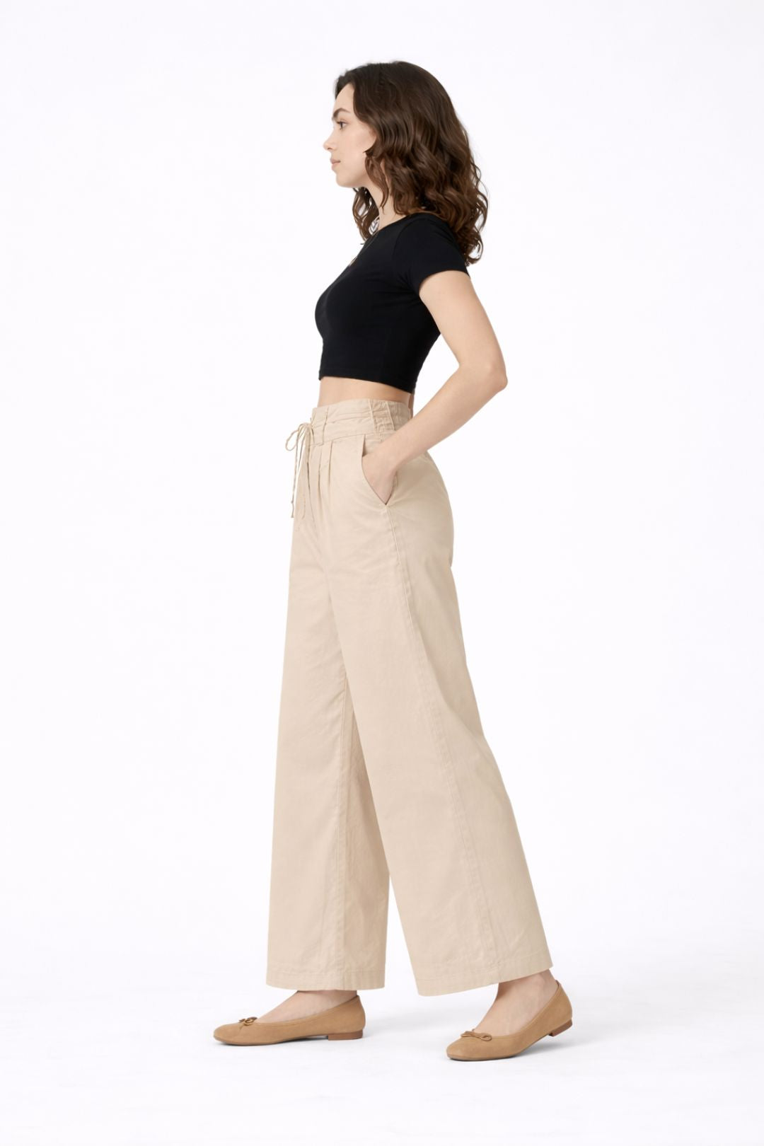 Women Beige Cotton Poplin Wide Leg Trouser High Waist Drawstring Pants