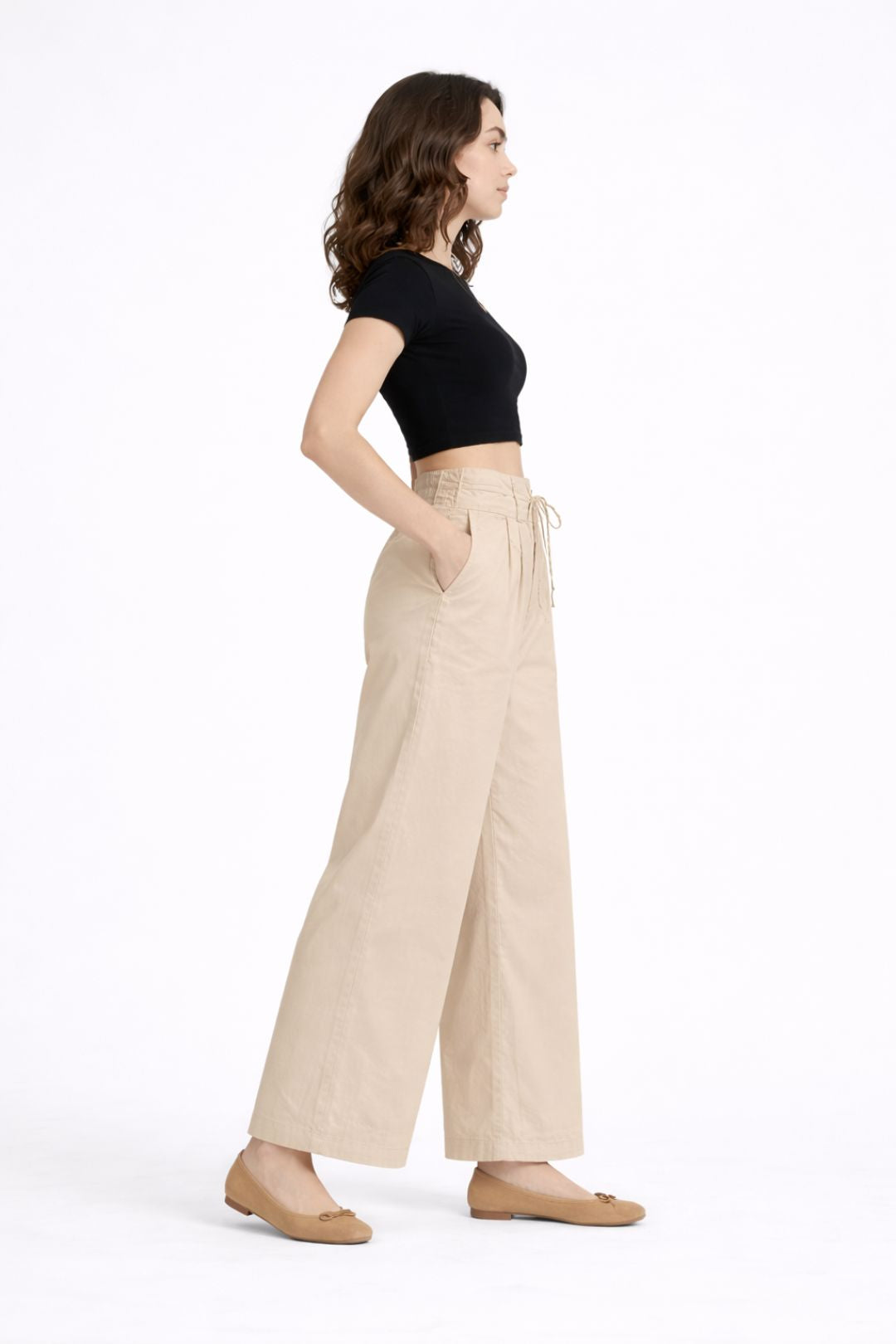 Women Beige Cotton Poplin Wide Leg Trouser High Waist Drawstring Pants
