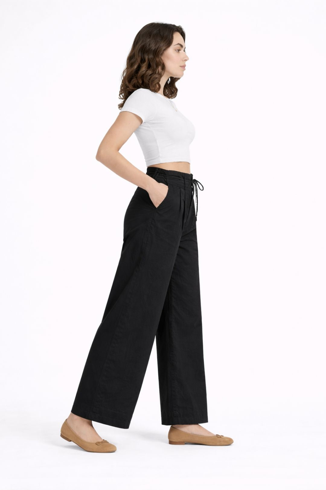 Women Black Cotton Poplin Wide Leg Trouser High Waist Drawstring Pants