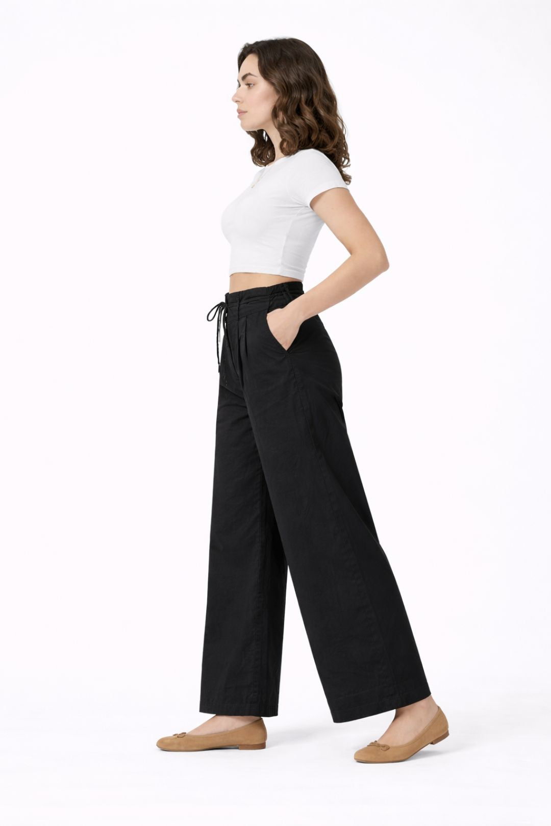 Women Black Cotton Poplin Wide Leg Trouser High Waist Drawstring Pants