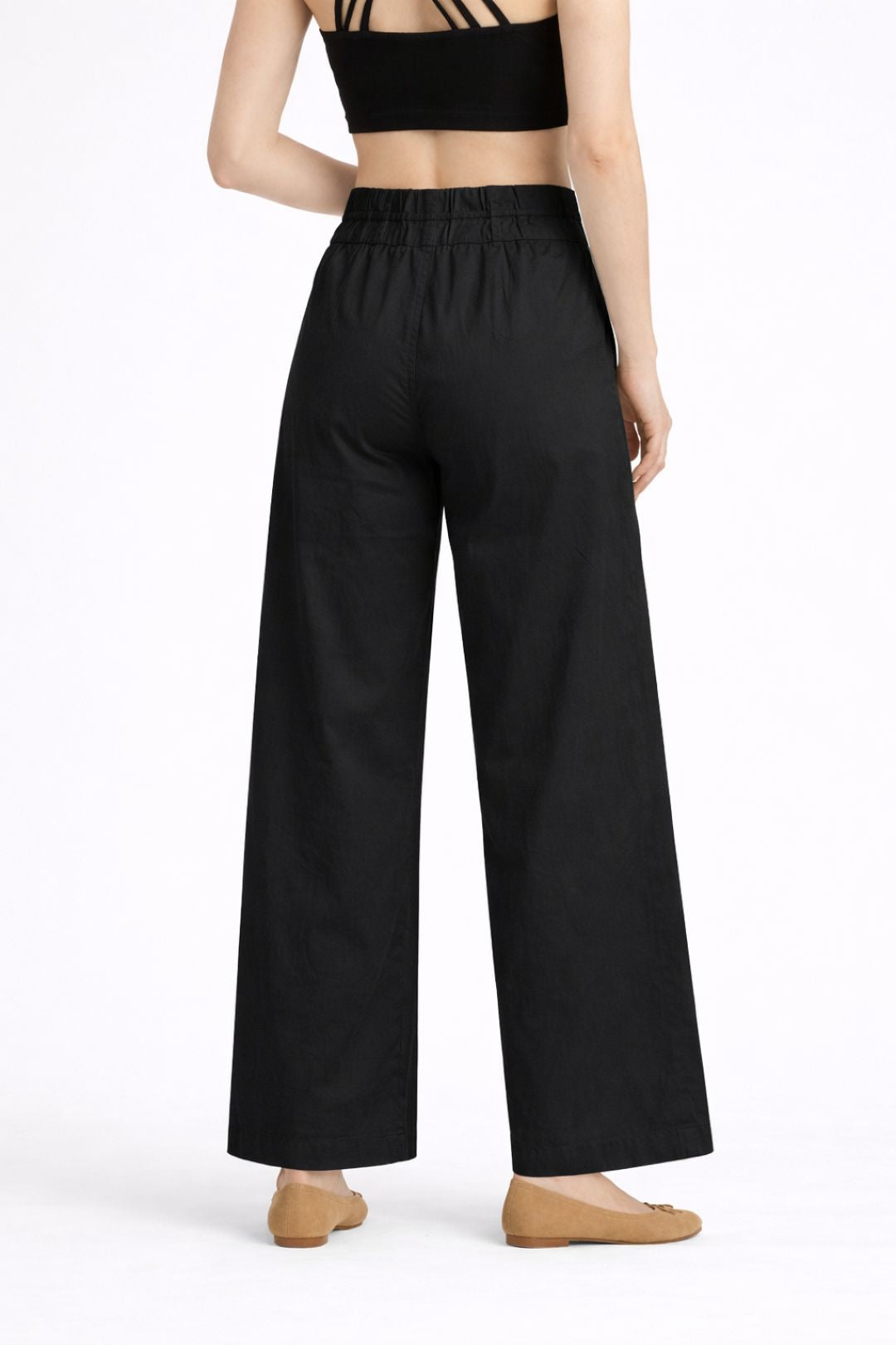 Women Black Cotton Poplin Wide Leg Trouser High Waist Drawstring Pants