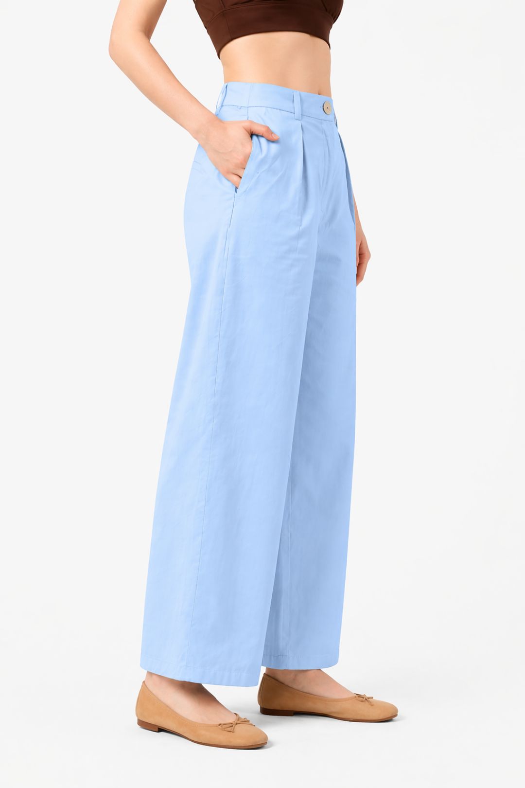 Women Light Sky Blue Cotton Poplin Wide Leg Trouser High Waist Straight Fit Pants