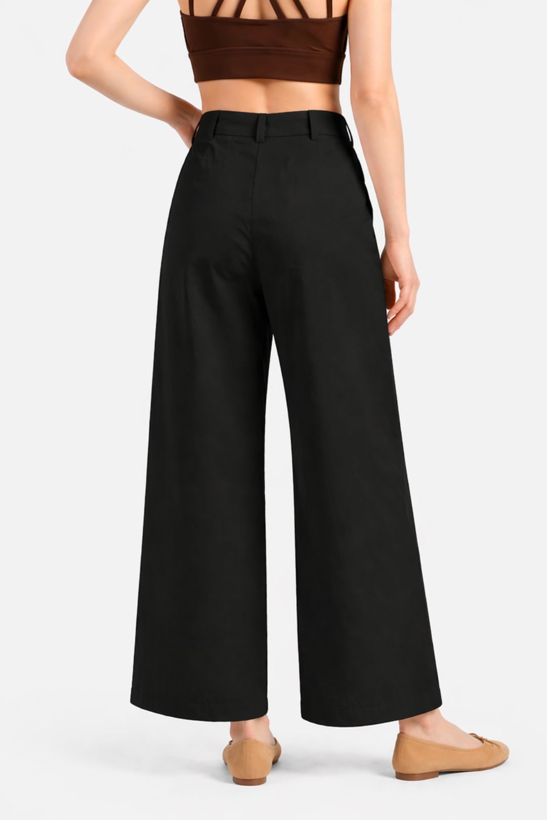 Women Black Cotton Poplin Wide Leg Trouser High Waist Straight Fit Pants