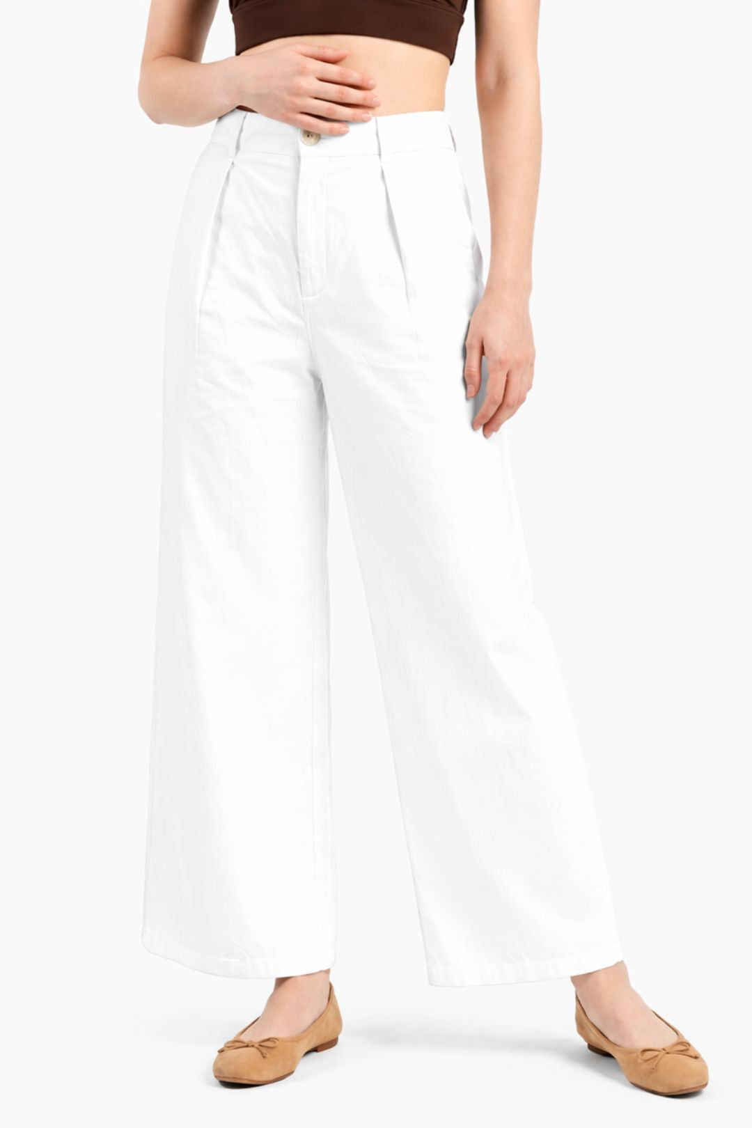 Women White Cotton Poplin Wide Leg Trouser High Waist Straight Fit Pants