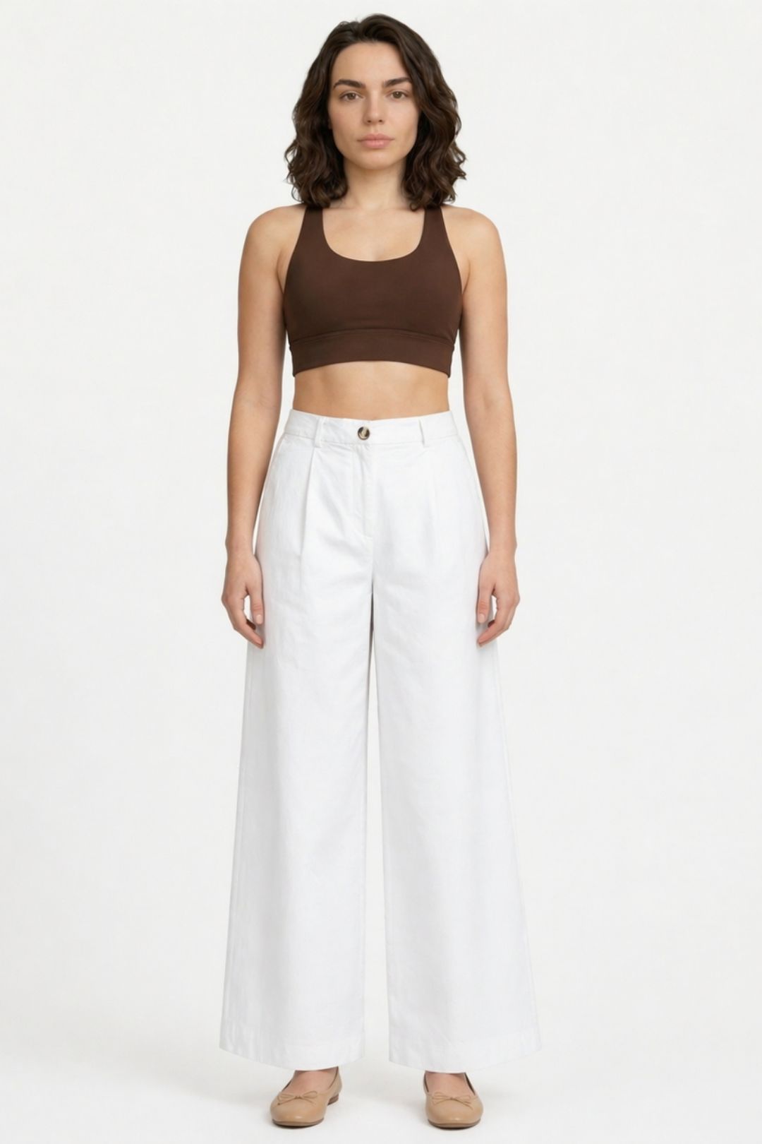 Women White Cotton Poplin Wide Leg Trouser High Waist Straight Fit Pants