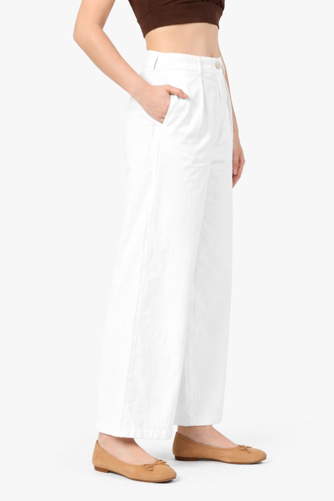 Women White Cotton Poplin Wide Leg Trouser High Waist Straight Fit Pants