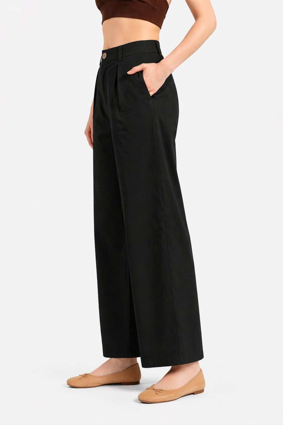 Women Black Cotton Poplin Wide Leg Trouser High Waist Straight Fit Pants