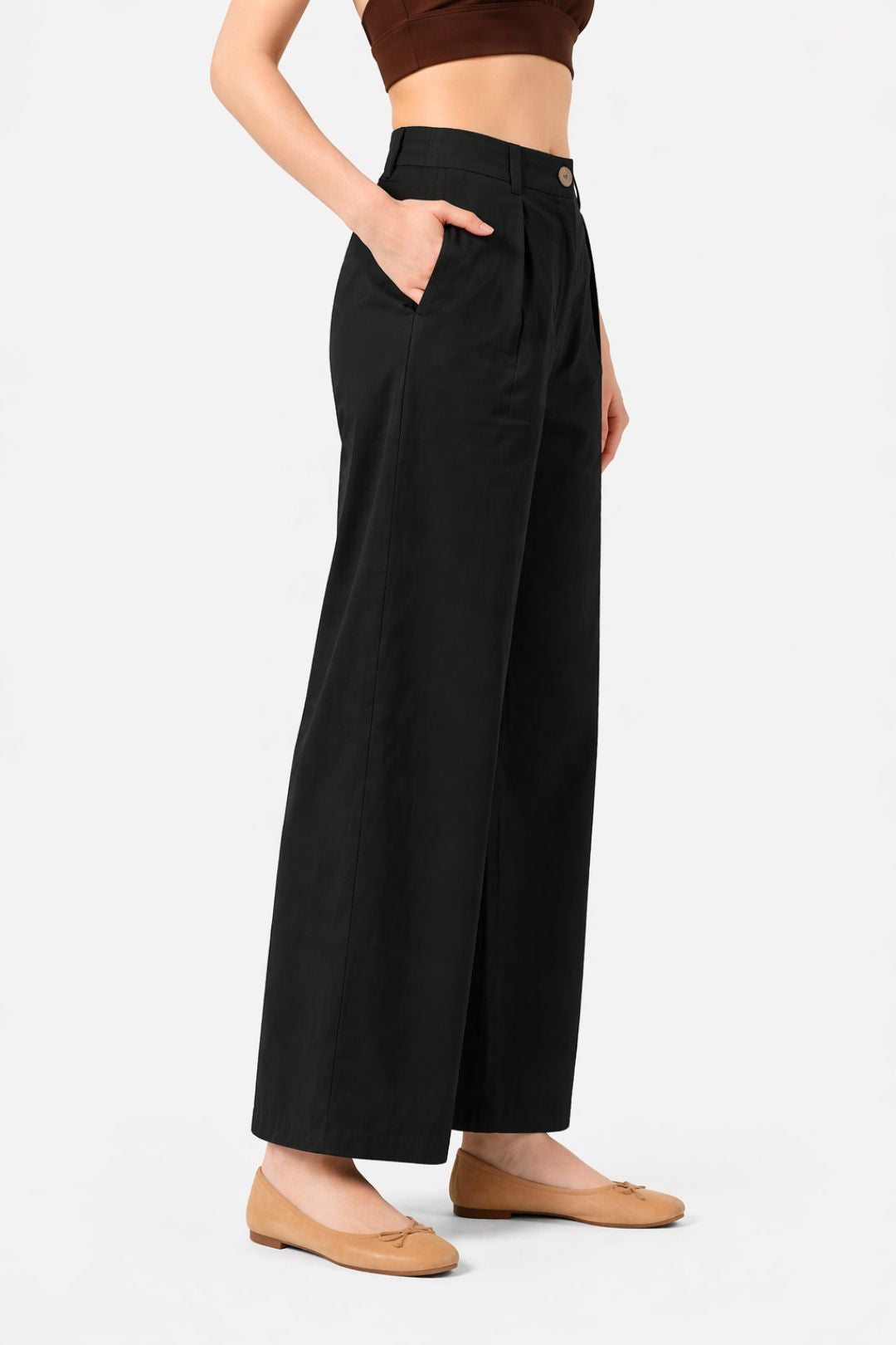 Women Black Cotton Poplin Wide Leg Trouser High Waist Straight Fit Pants