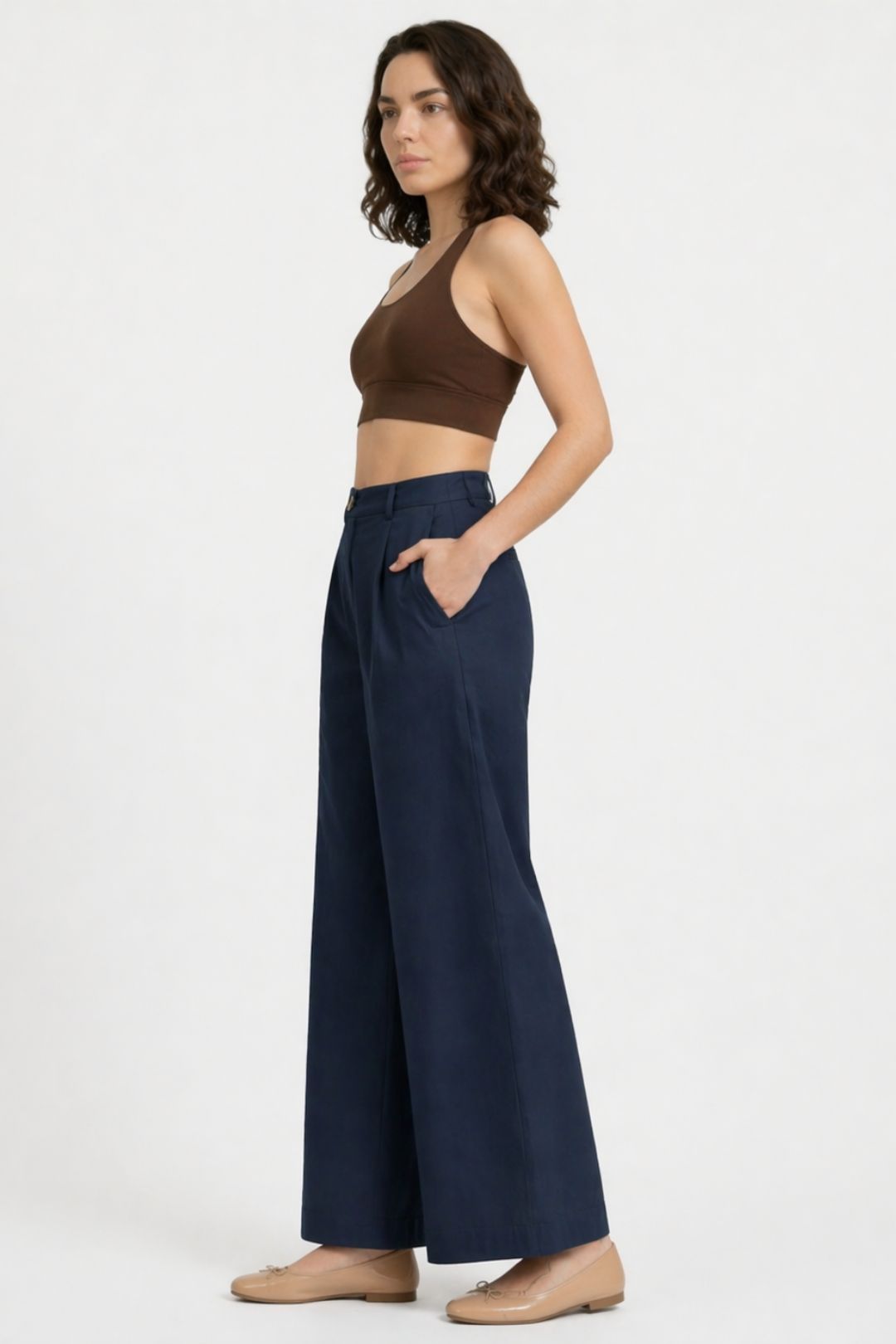 Women Navy Blue Cotton Poplin Wide Leg Trouser High Waist Straight Fit Pants