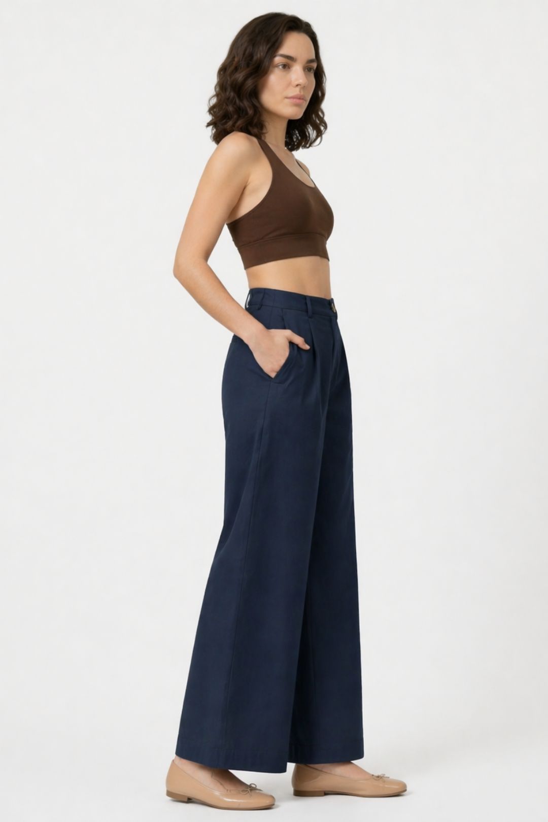 Women Navy Blue Cotton Poplin Wide Leg Trouser High Waist Straight Fit Pants