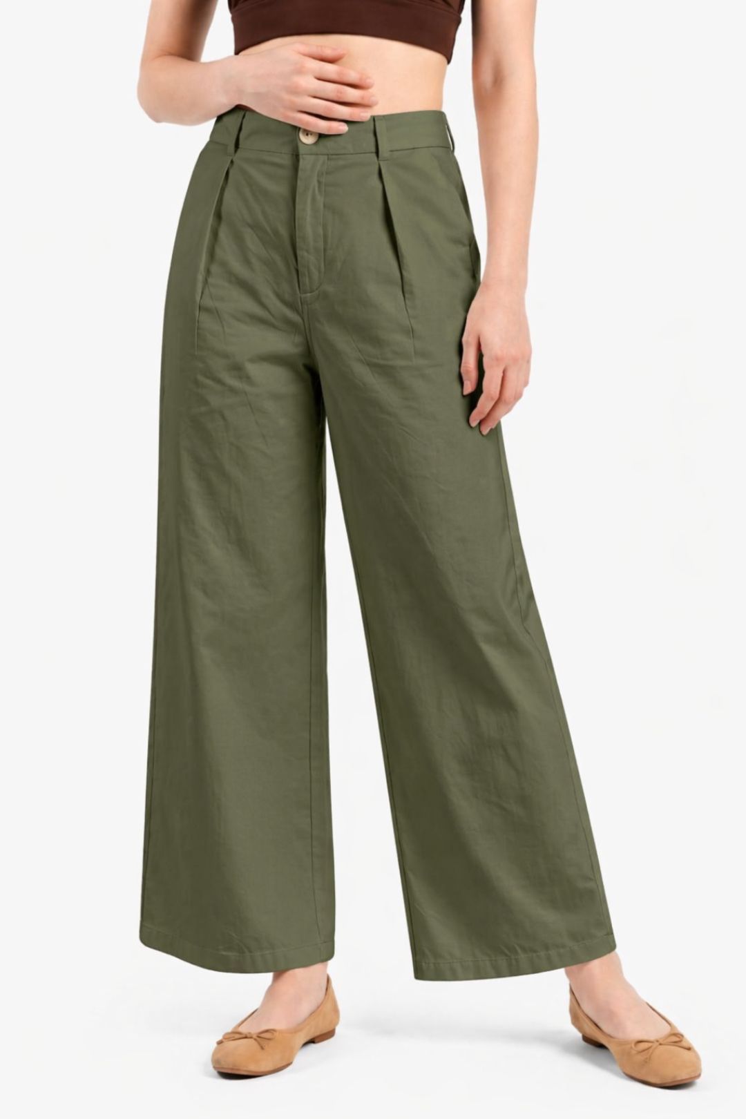 Women Olive Green Cotton Poplin Wide Leg Trouser High Waist Straight Fit Pants