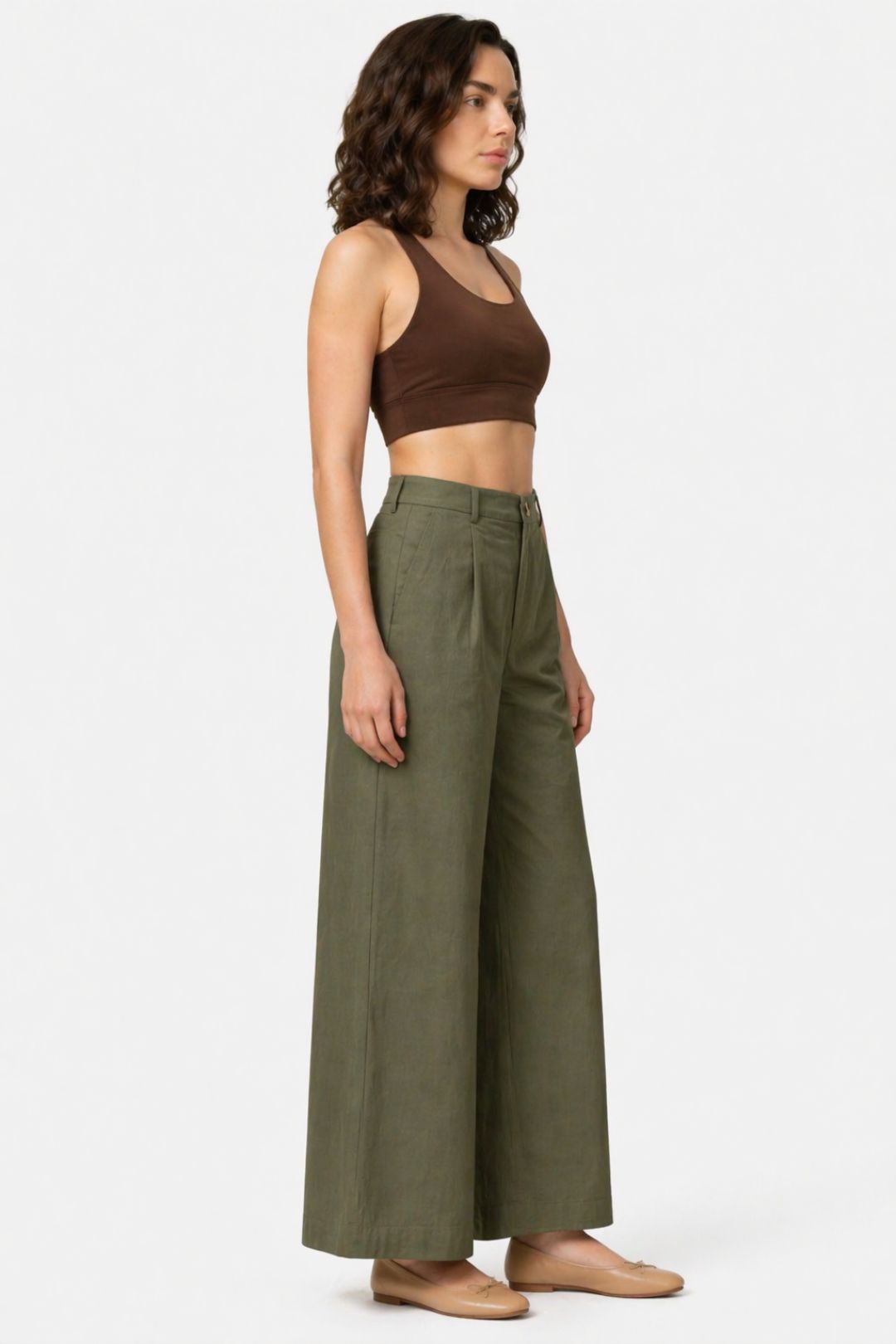 Women Olive Green Cotton Poplin Wide Leg Trouser High Waist Straight Fit Pants