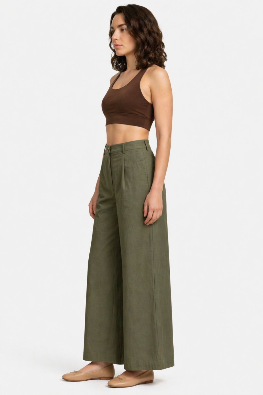 Women Olive Green Cotton Poplin Wide Leg Trouser High Waist Straight Fit Pants