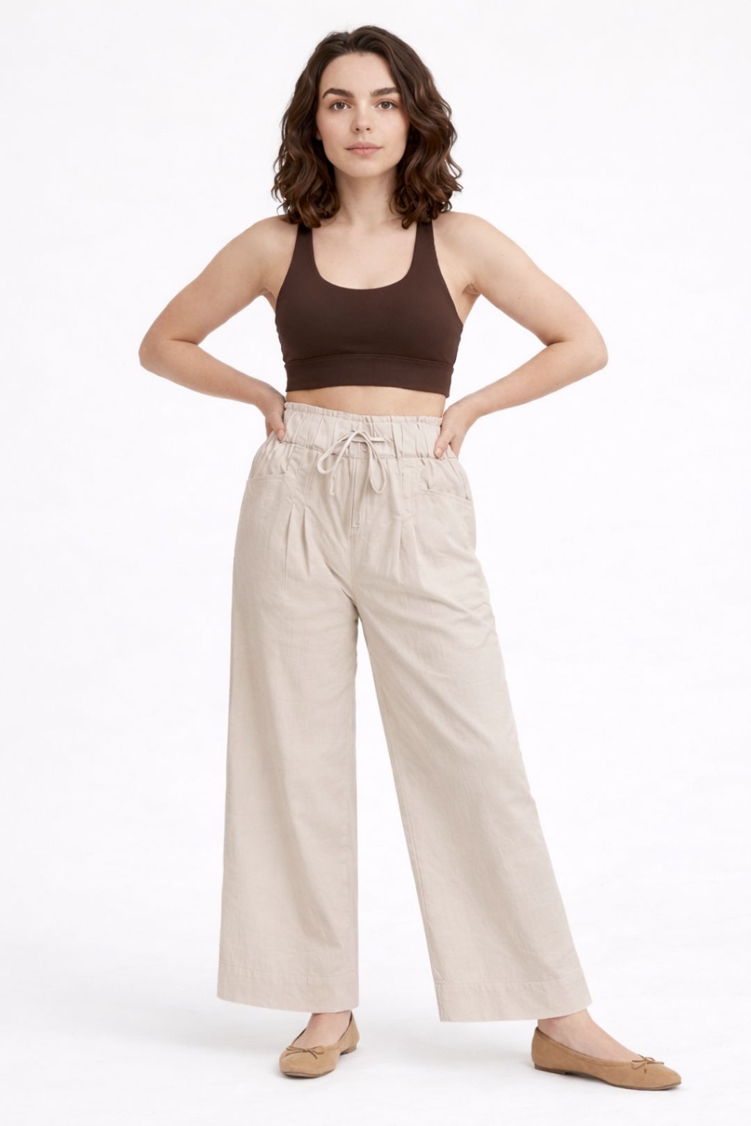 Women Light Beige Cotton Poplin Wide Leg Trouser Elastic Waist Drawstring Pants
