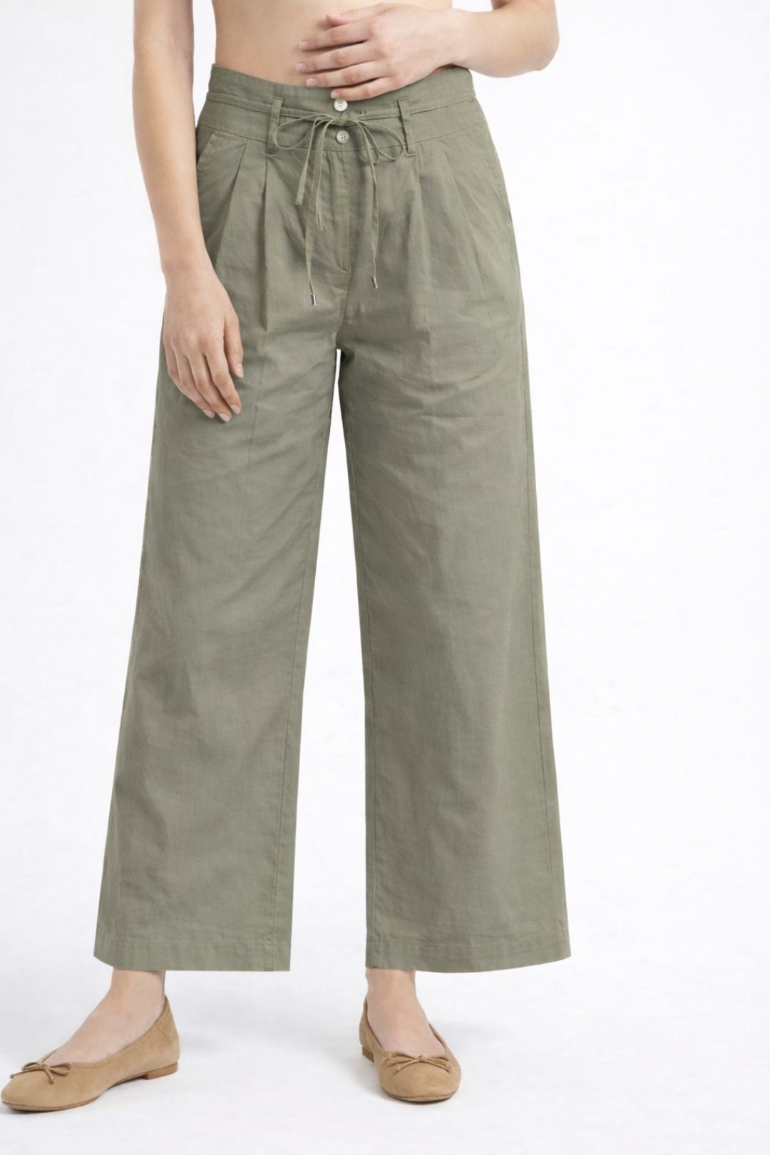 Women Olive Green Cotton Poplin Wide Leg Trouser High Waist Drawstring Pants