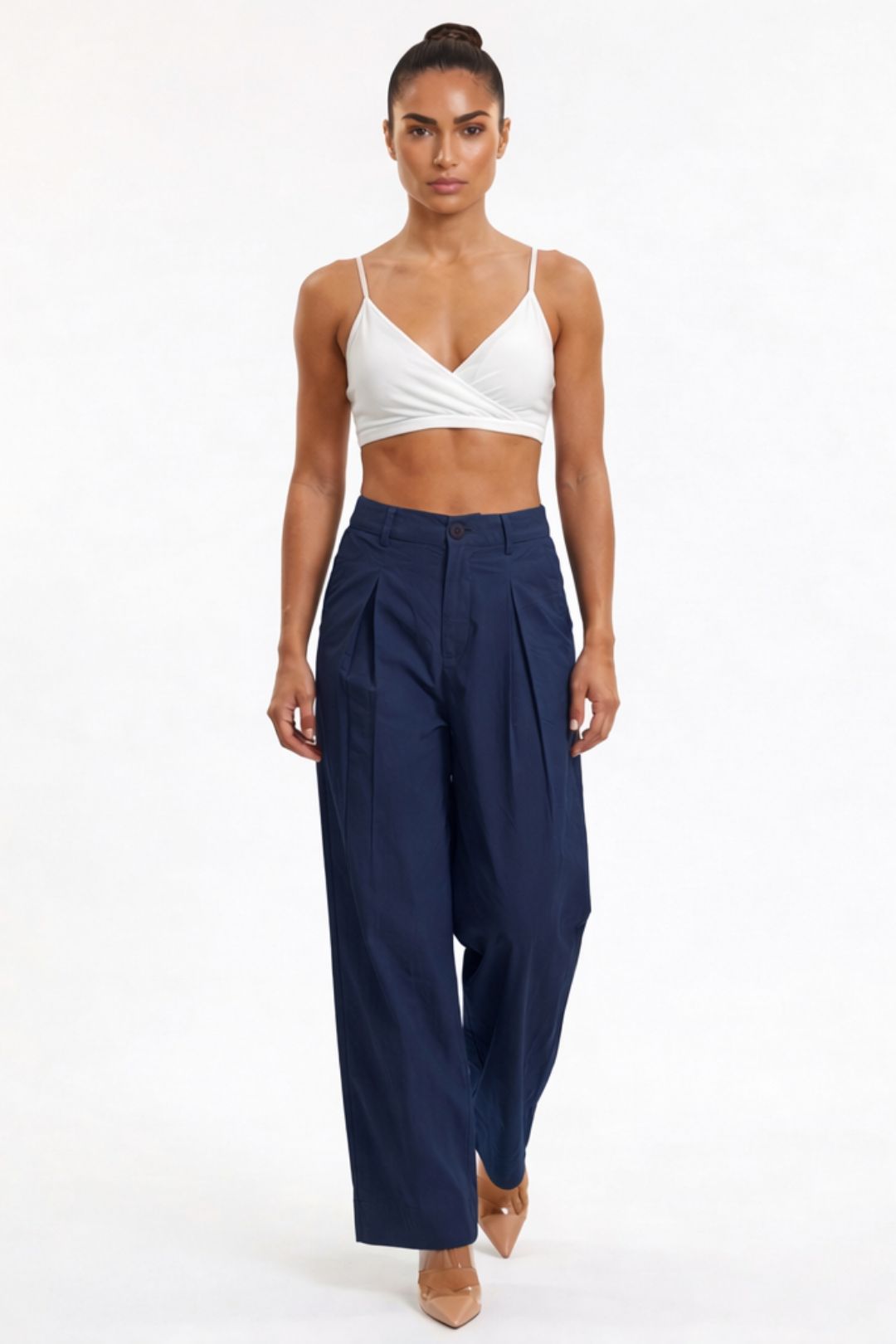 Women Navy Blue Cotton Poplin Wide Leg Trouser High Waist Straight Fit Pants