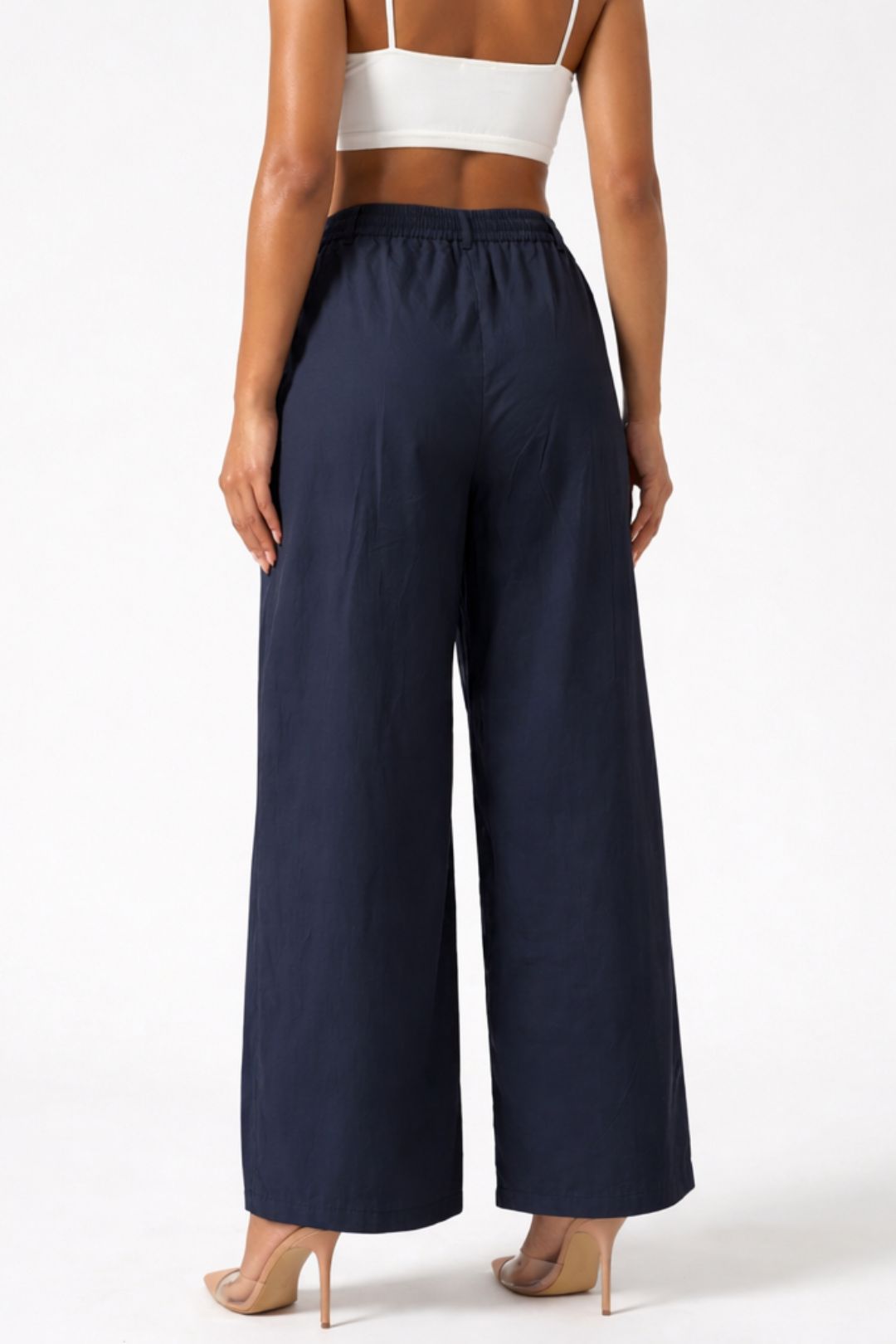 Women Navy Blue Cotton Poplin Wide Leg Trouser High Waist Straight Fit Pants