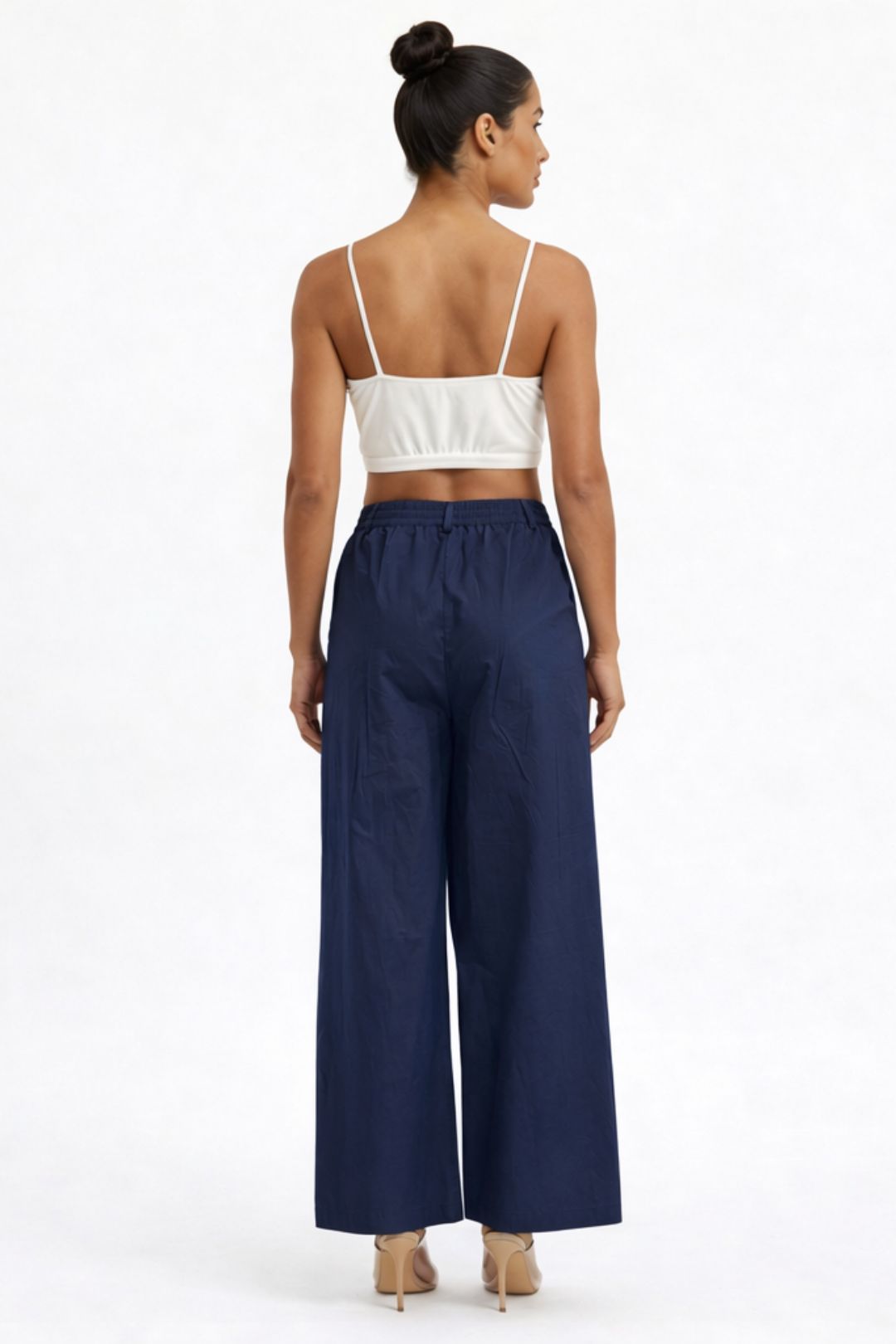 Women Navy Blue Cotton Poplin Wide Leg Trouser High Waist Straight Fit Pants