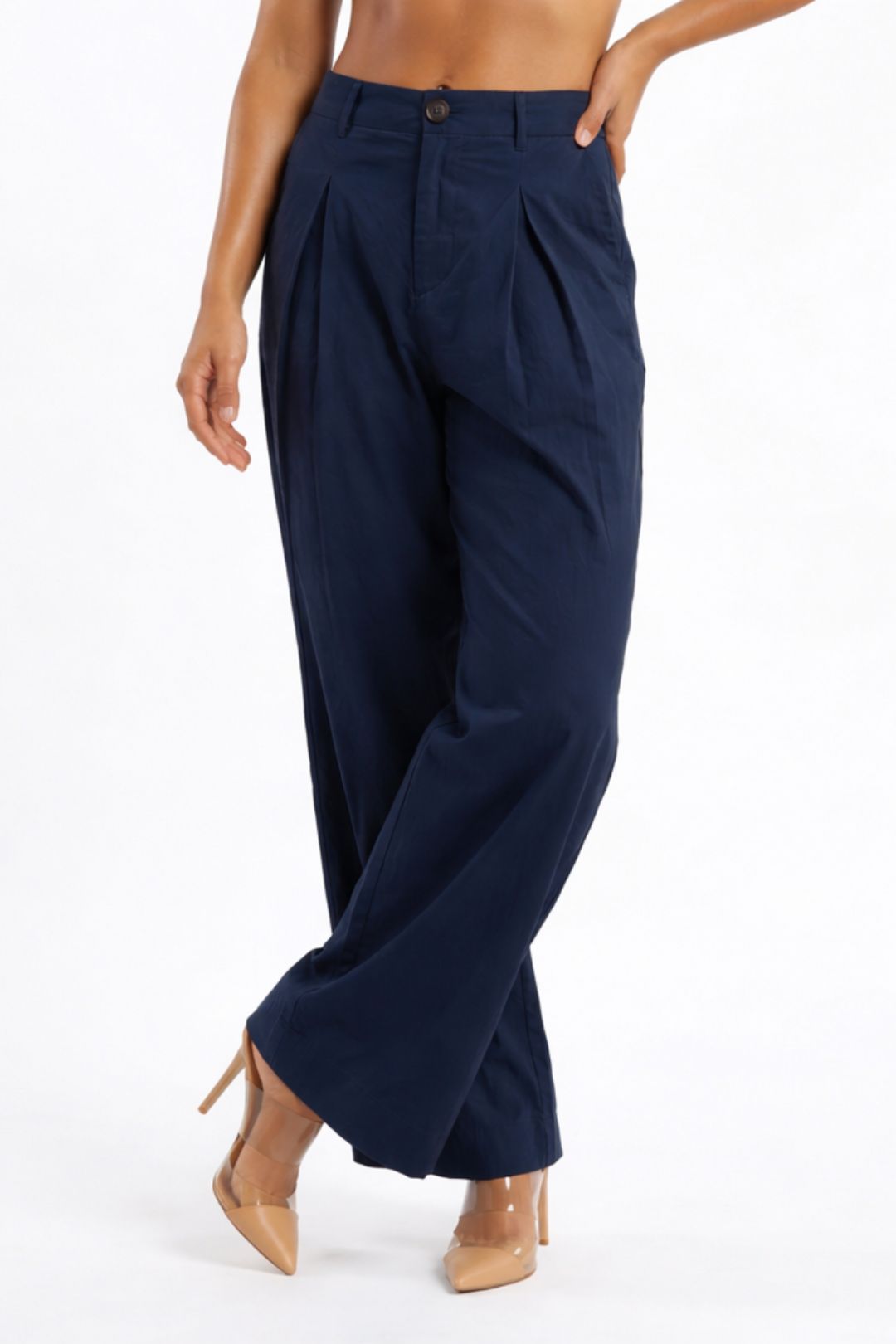 Women Navy Blue Cotton Poplin Wide Leg Trouser High Waist Straight Fit Pants
