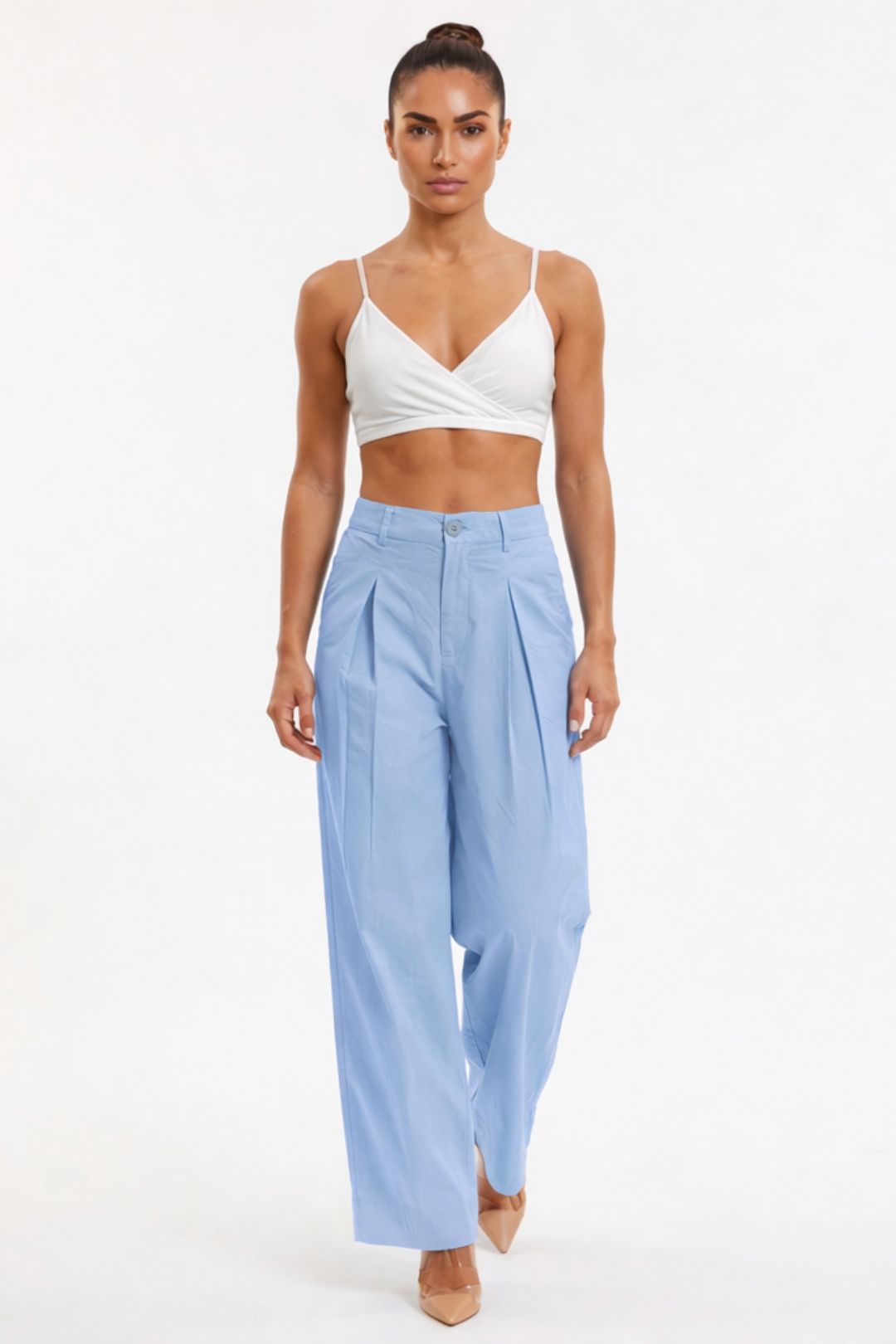 Women Sky Blue Cotton Poplin Wide Leg Trouser High Waist Straight Fit Pants