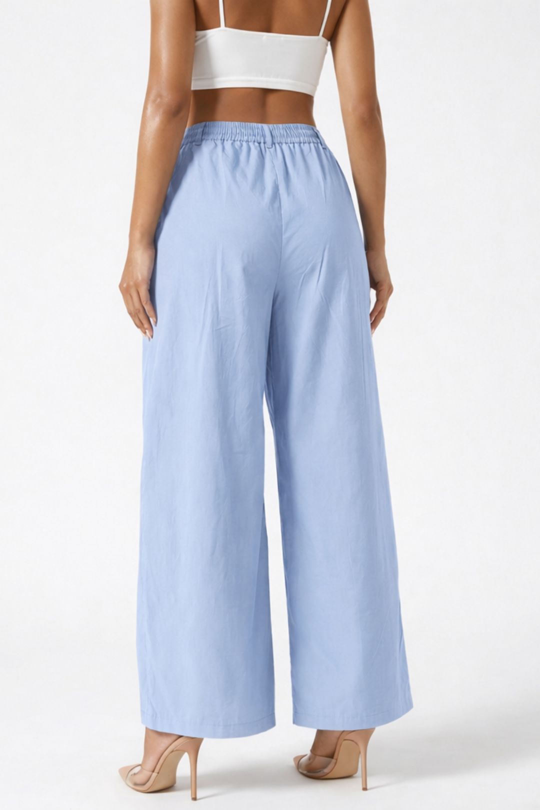 Women Sky Blue Cotton Poplin Wide Leg Trouser High Waist Straight Fit Pants