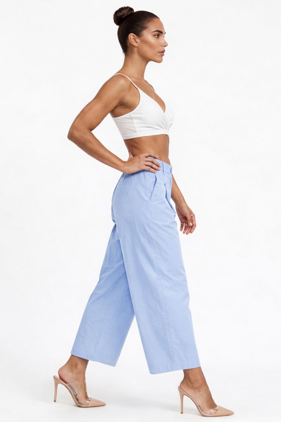 Women Sky Blue Cotton Poplin Wide Leg Trouser High Waist Straight Fit Pants
