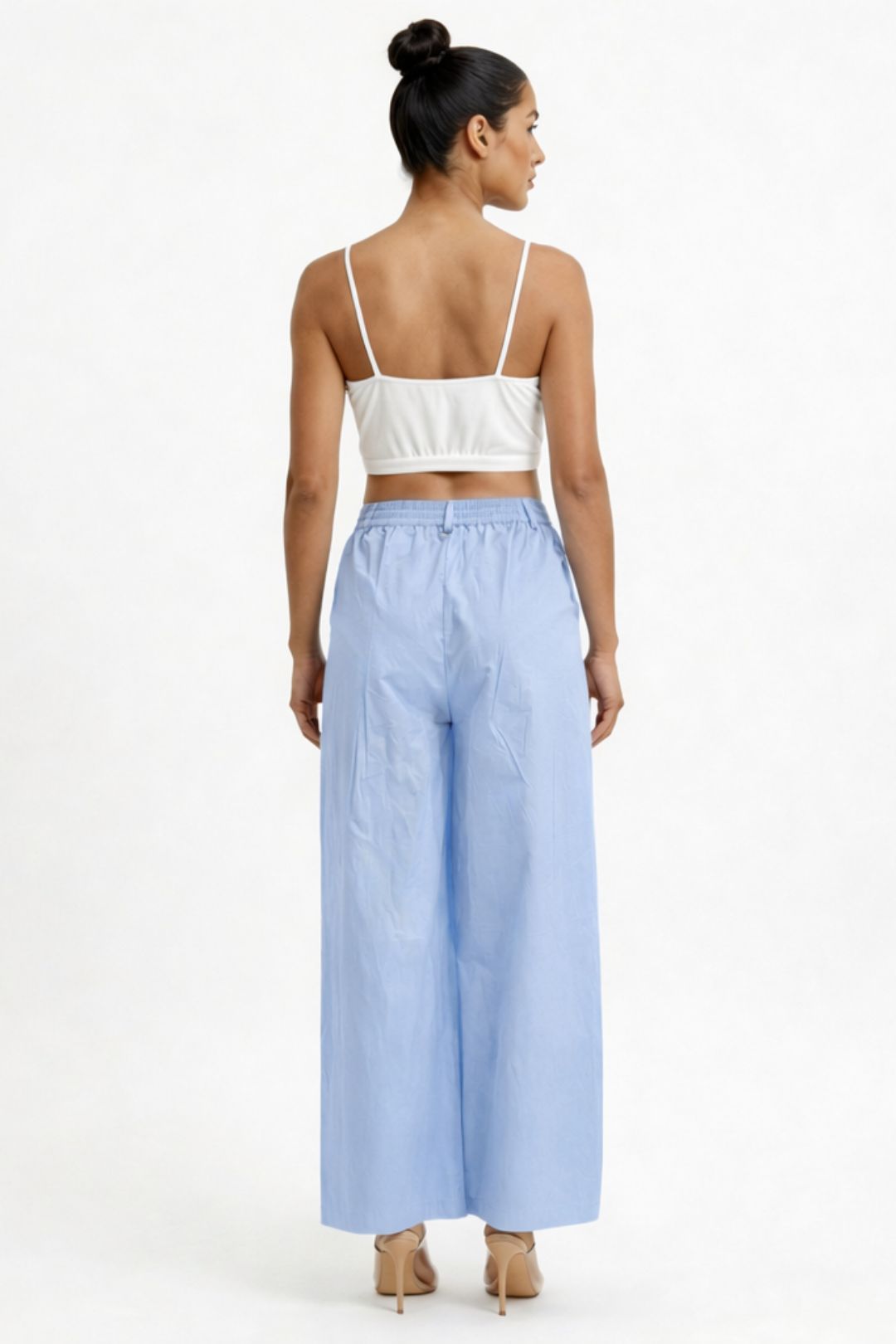 Women Sky Blue Cotton Poplin Wide Leg Trouser High Waist Straight Fit Pants