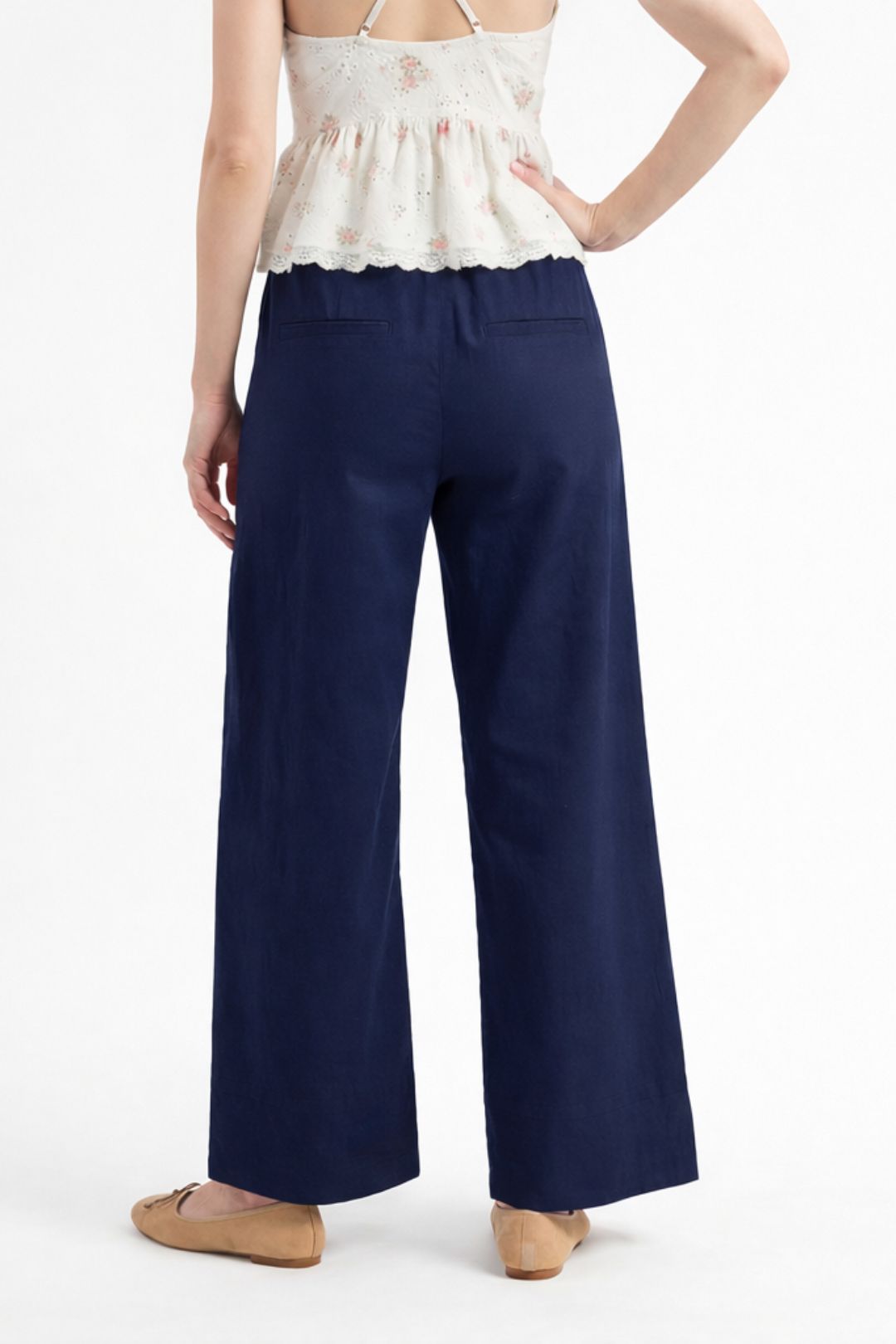 Women Navy Blue Cotton Poplin Wide Leg Trouser High Waist Straight Fit Pants