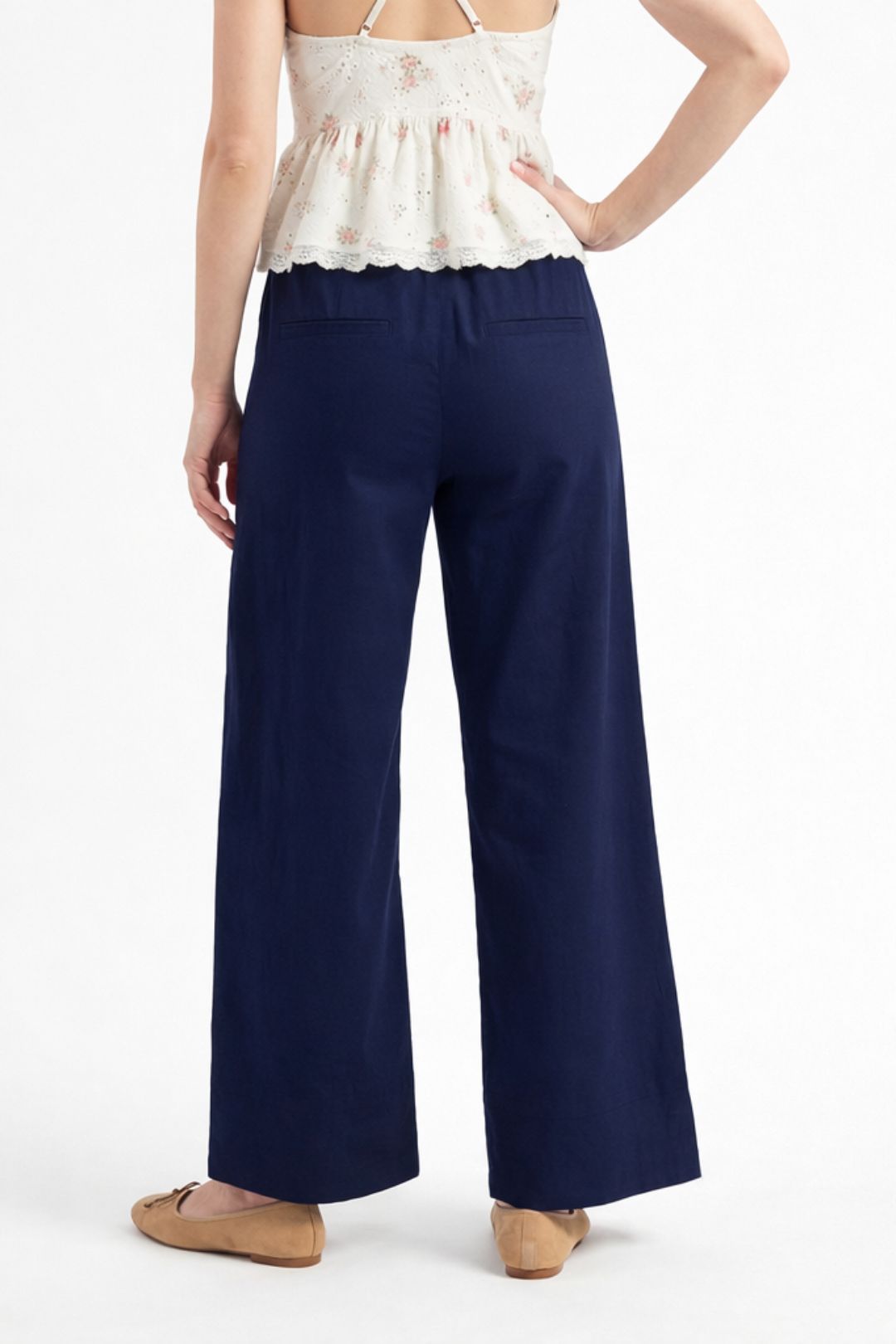 Women Navy Blue Cotton Poplin Wide Leg Trouser High Waist Straight Fit Pants