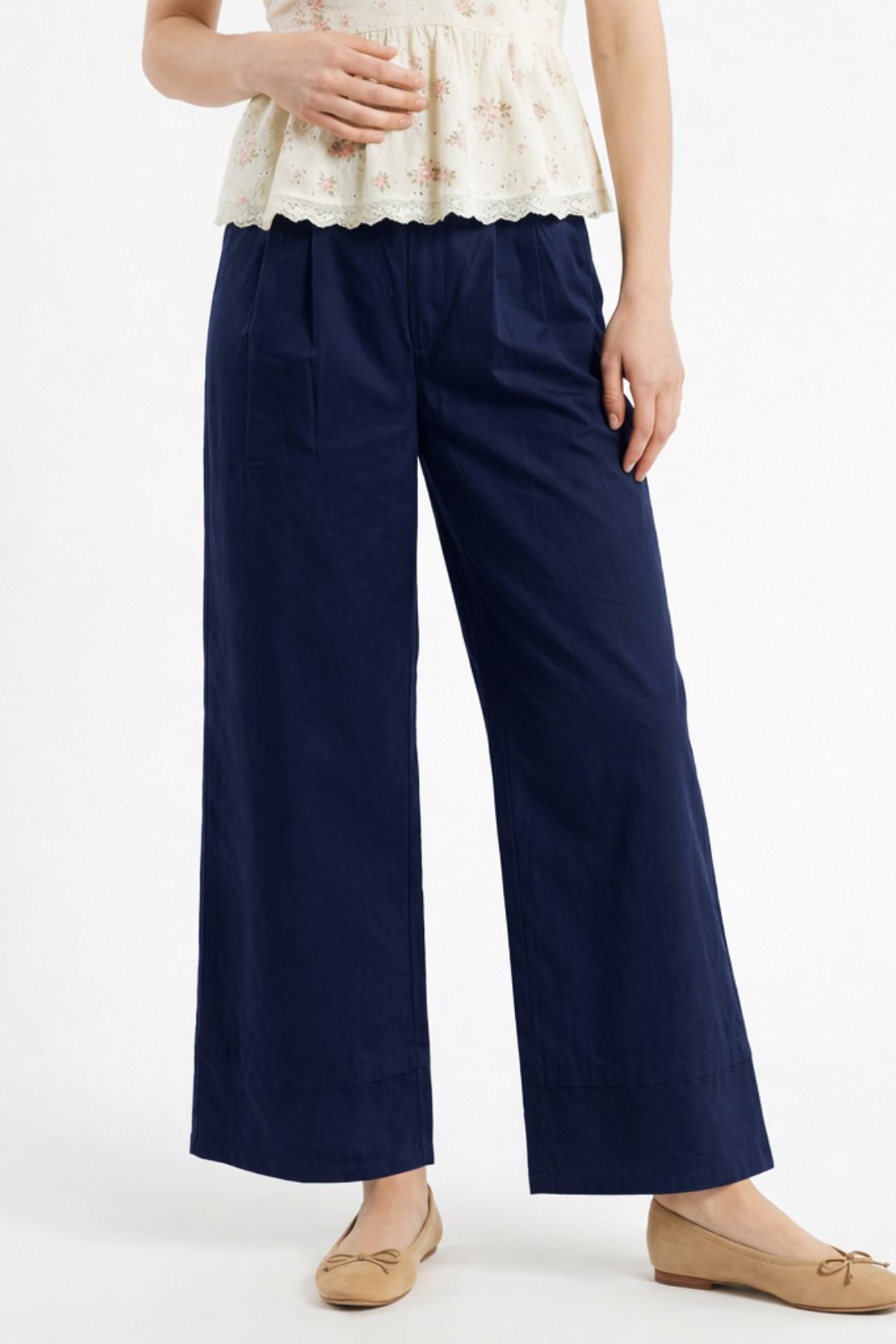 Women Navy Blue Cotton Poplin Wide Leg Trouser High Waist Straight Fit Pants
