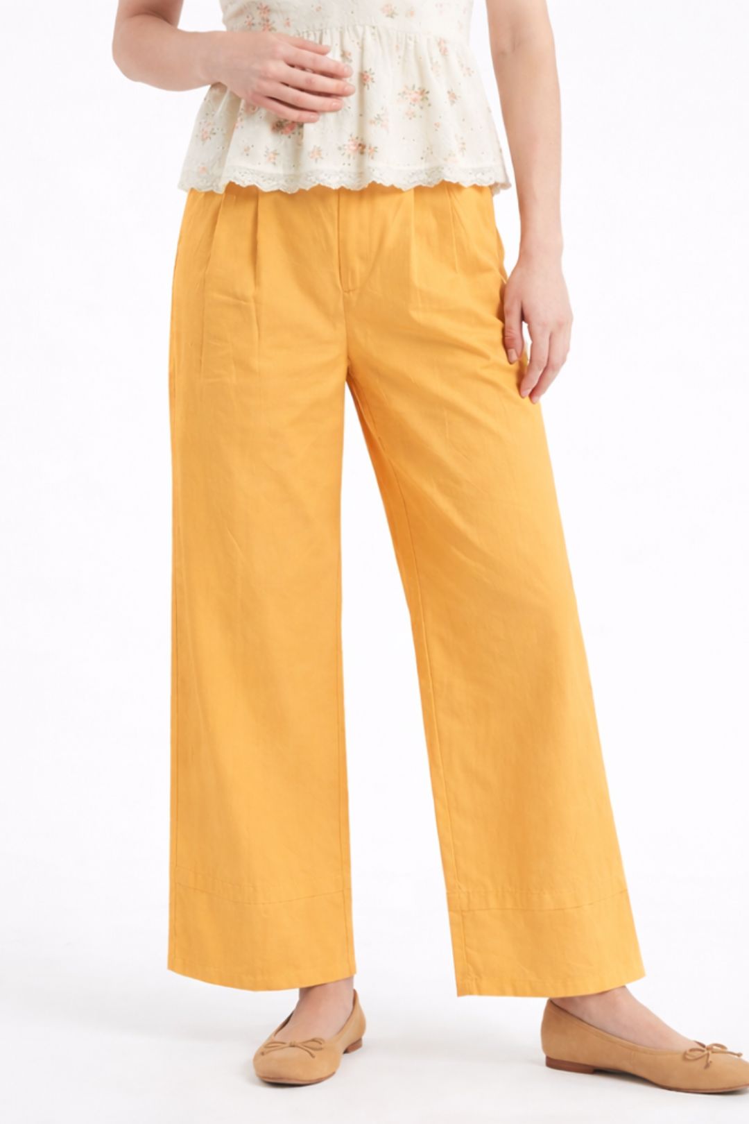 Women Mustard Yellow Cotton Poplin Wide Leg Trouser High Waist Straight Fit Pants