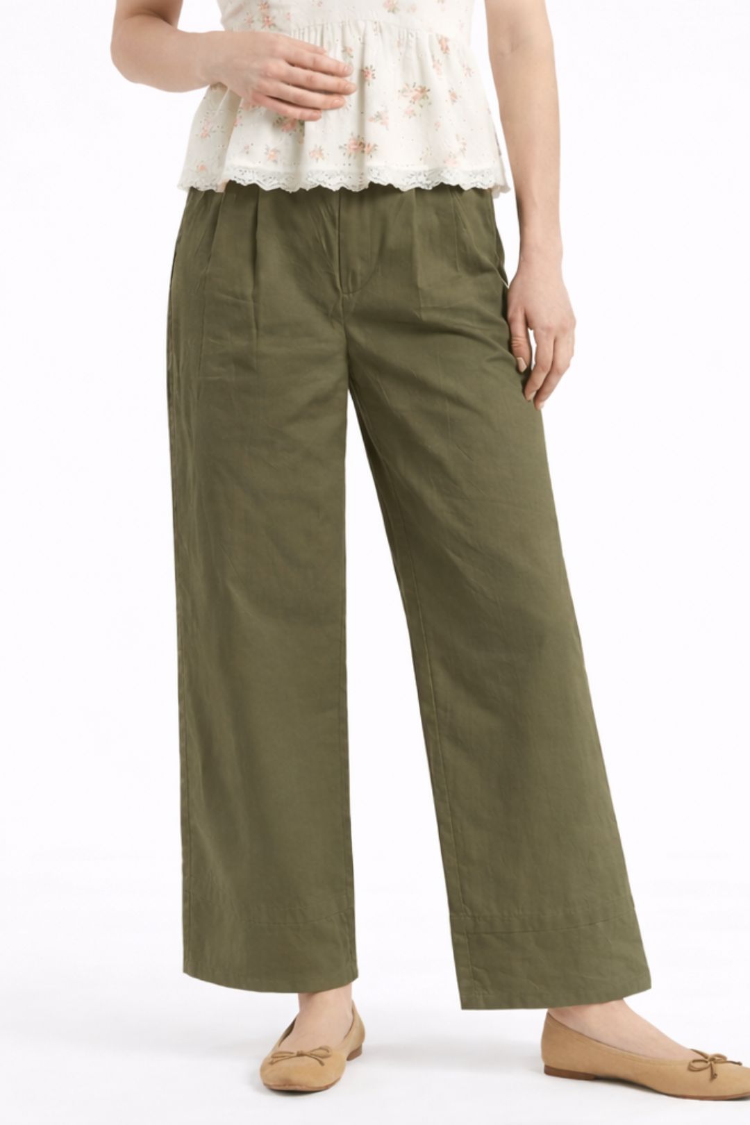 Women Olive Green Cotton Poplin Wide Leg Trouser High Waist Straight Fit Pants