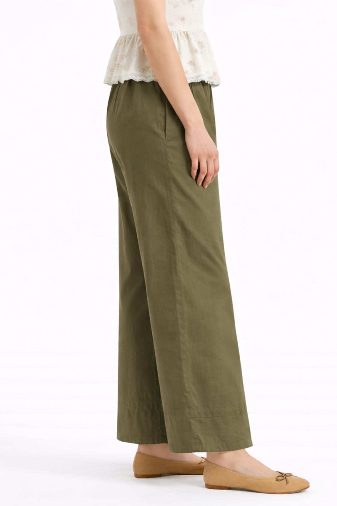 Women Olive Green Cotton Poplin Wide Leg Trouser High Waist Straight Fit Pants