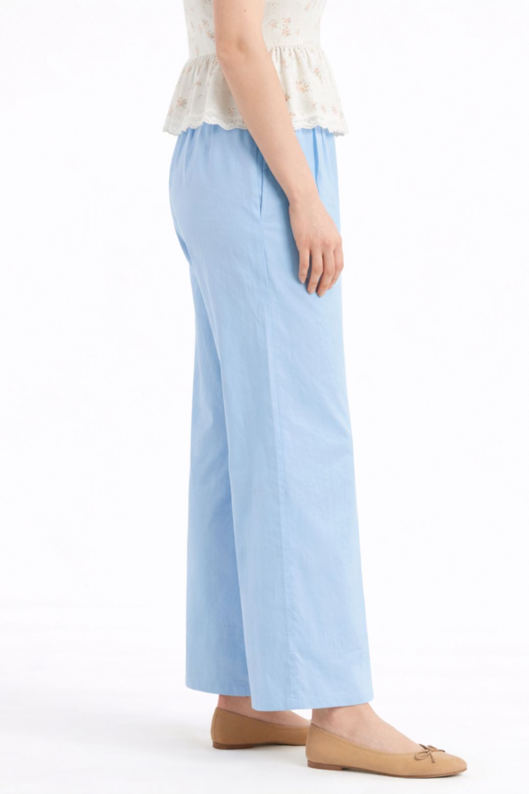 Women Sky Blue Cotton Poplin Wide Leg Trouser High Waist Straight Fit Pants