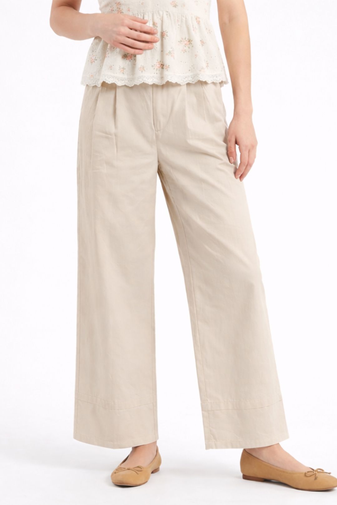 Women Light Beige Cotton Poplin Wide Leg Trouser High Waist Straight Fit Pants