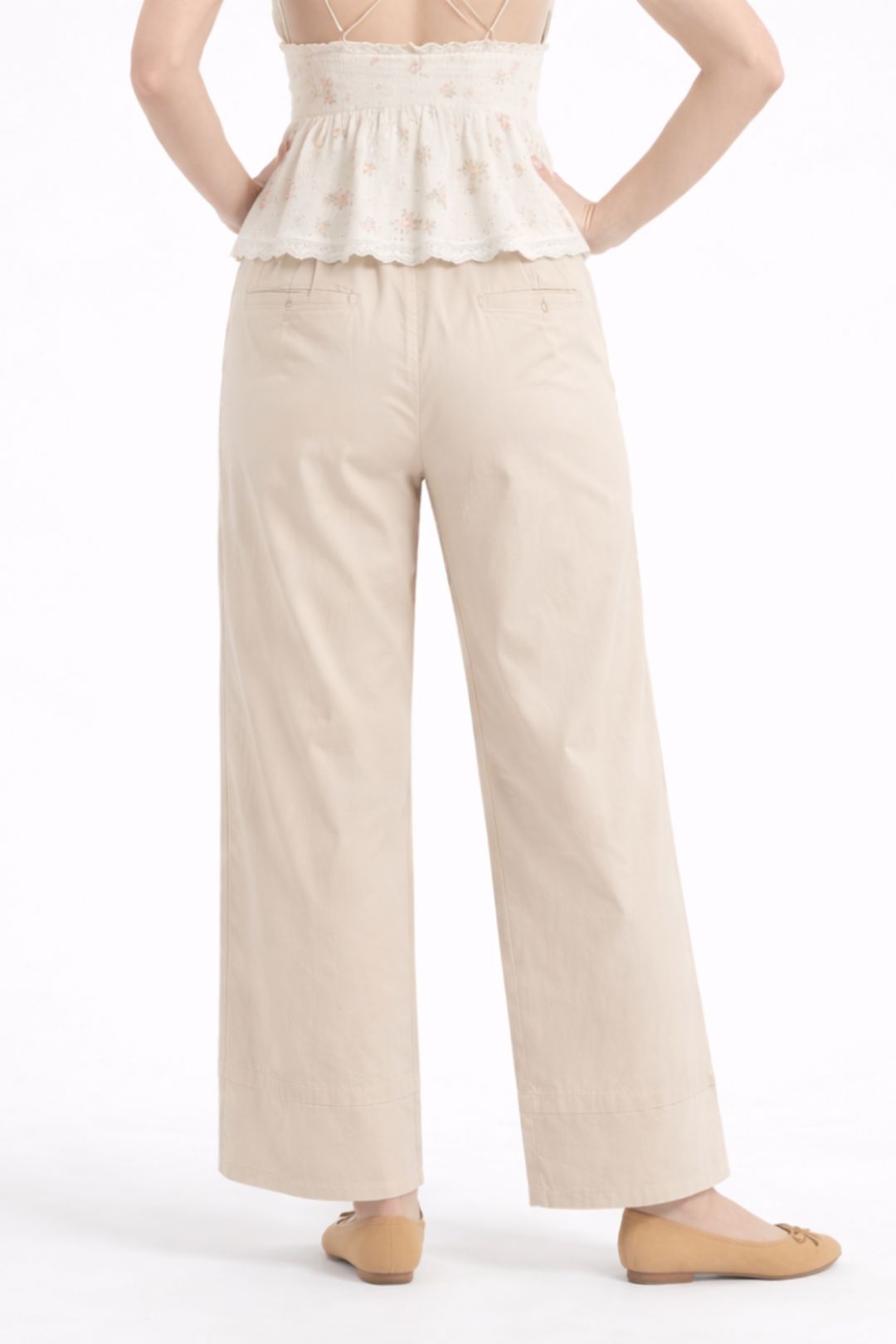Women Light Beige Cotton Poplin Wide Leg Trouser High Waist Straight Fit Pants