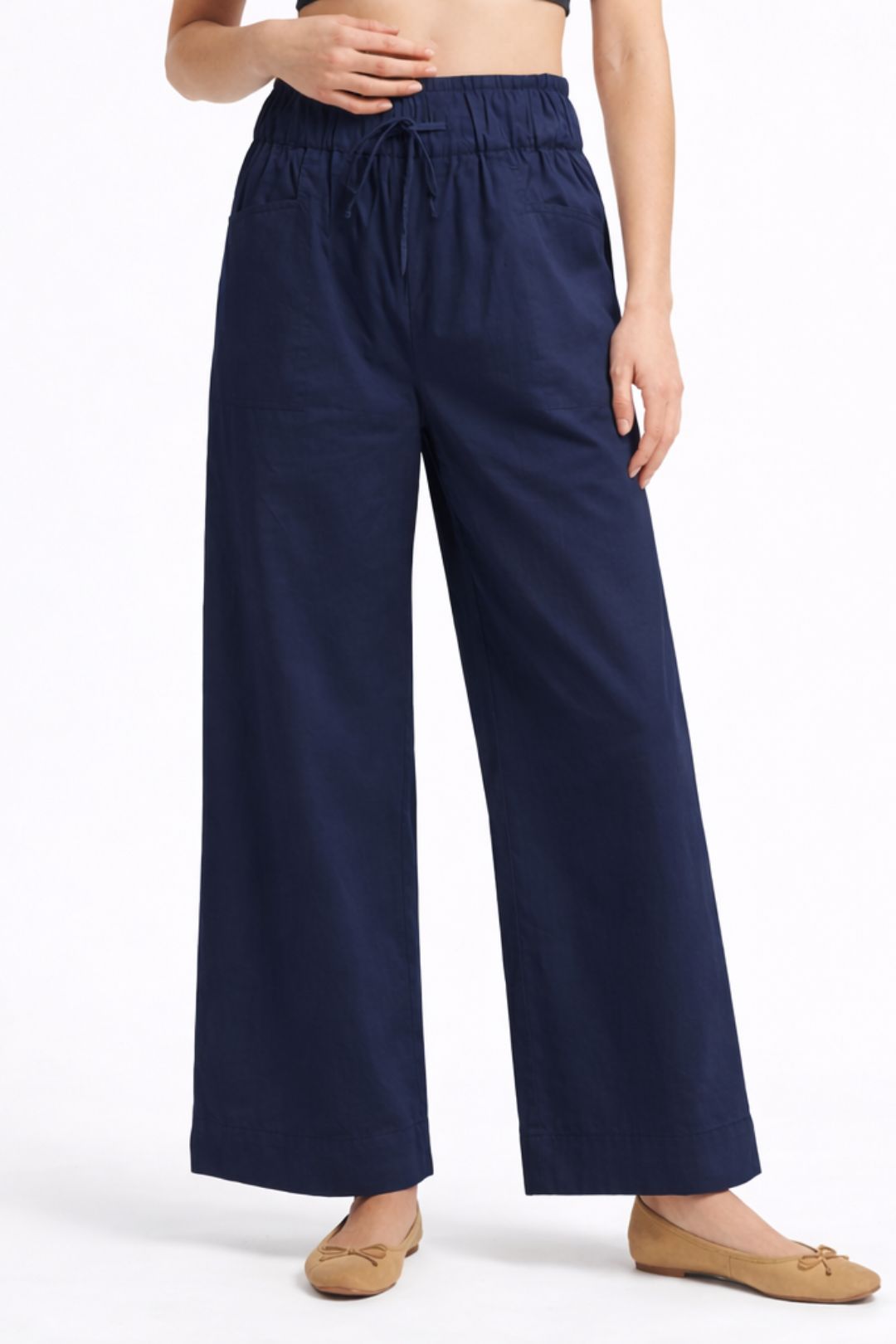 Women Navy Blue Cotton Poplin Wide Leg Trouser Elastic Waist Drawstring Pants