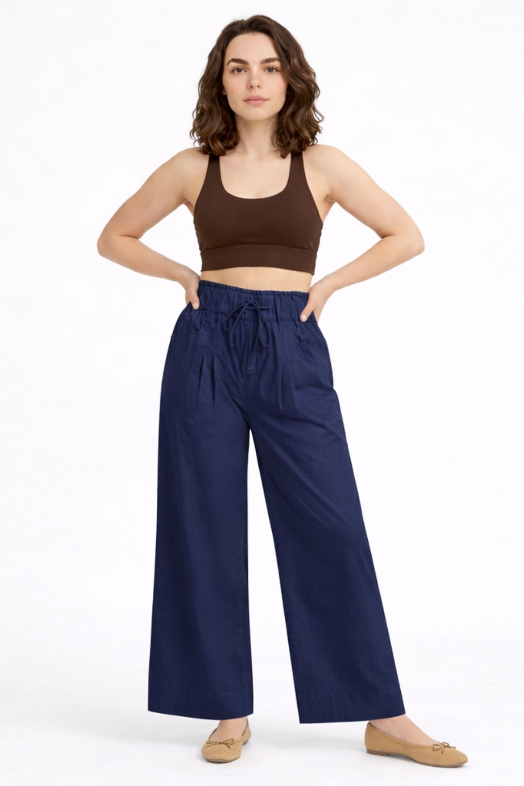 Women Navy Blue Cotton Poplin Wide Leg Trouser Elastic Waist Drawstring Pants