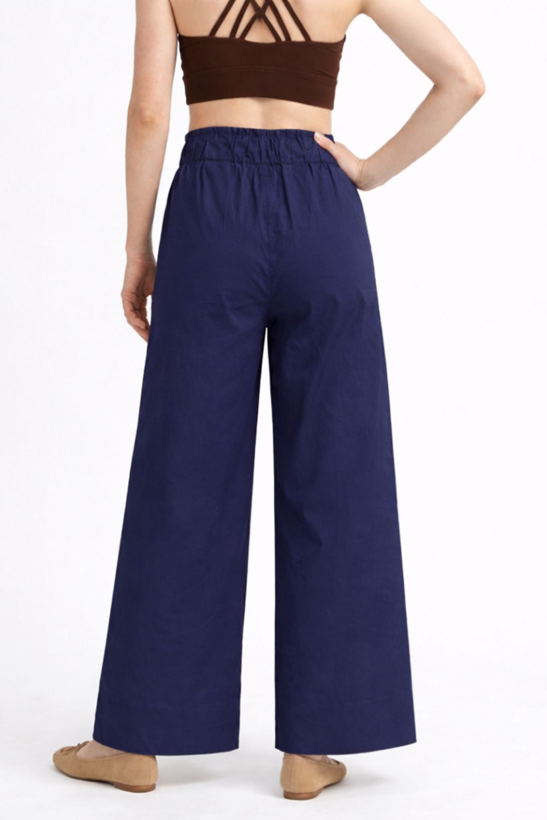 Women Navy Blue Cotton Poplin Wide Leg Trouser Elastic Waist Drawstring Pants