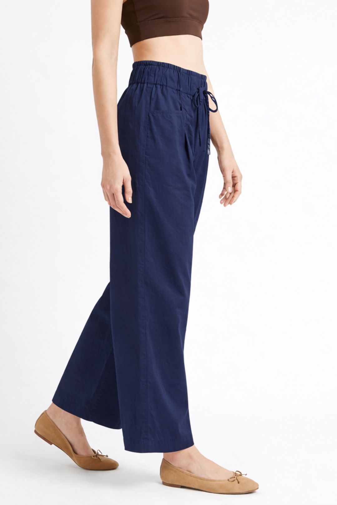 Women Navy Blue Cotton Poplin Wide Leg Trouser Elastic Waist Drawstring Pants