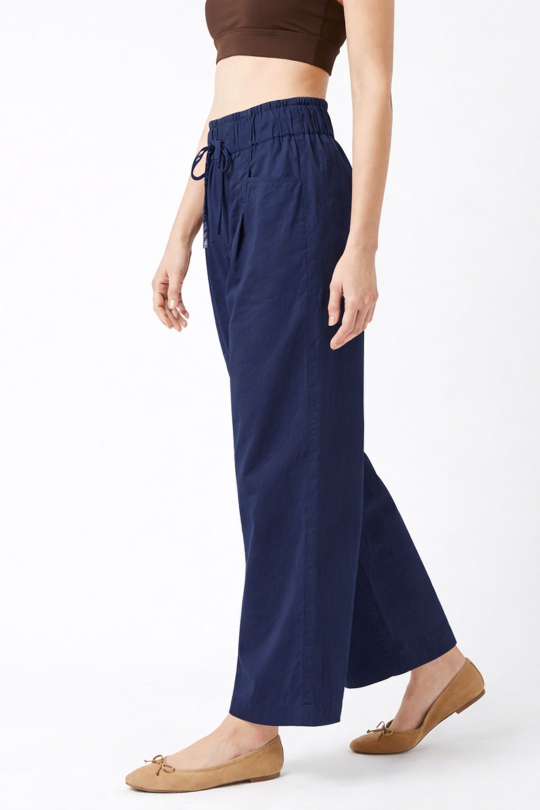 Women Navy Blue Cotton Poplin Wide Leg Trouser Elastic Waist Drawstring Pants