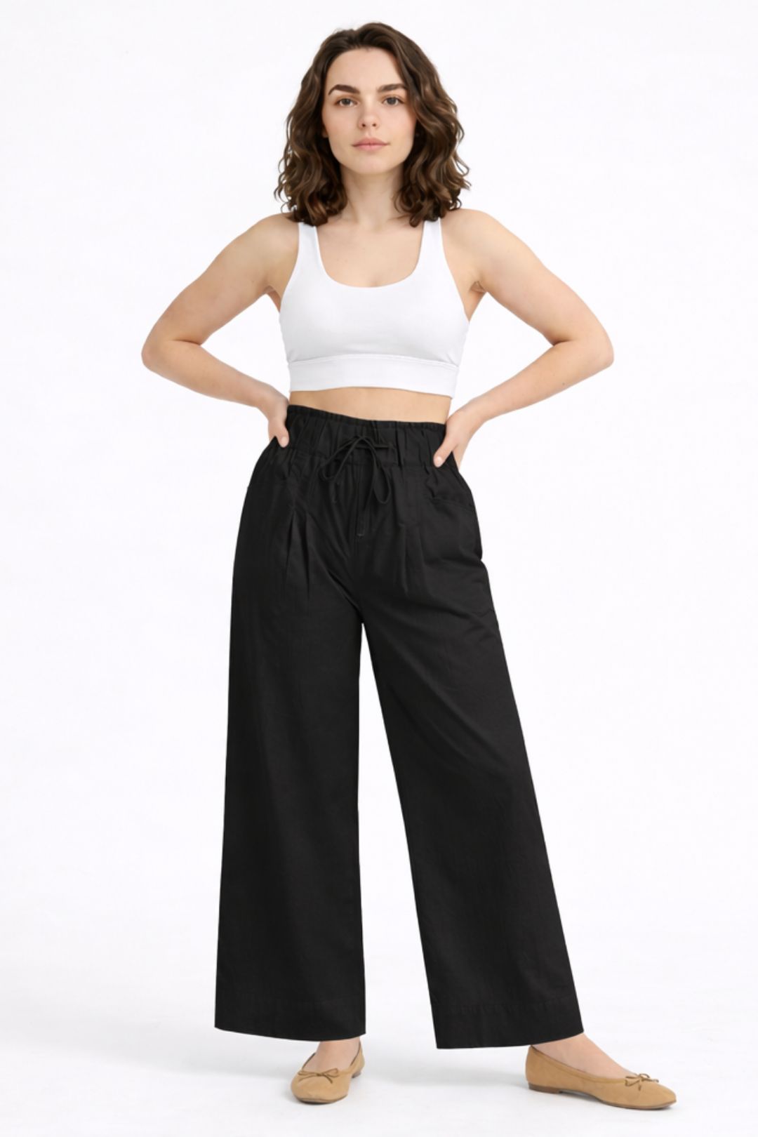Women Black Cotton Poplin Wide Leg Trouser Elastic Waist Drawstring Pants
