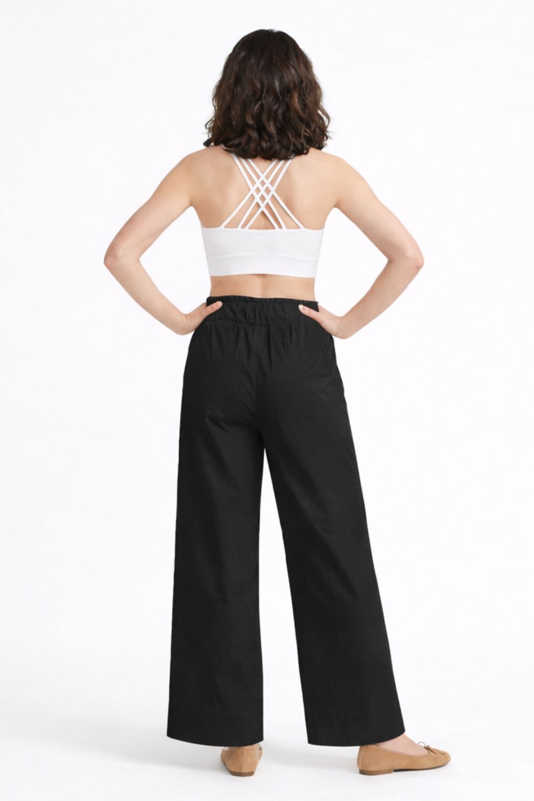 Women Black Cotton Poplin Wide Leg Trouser Elastic Waist Drawstring Pants