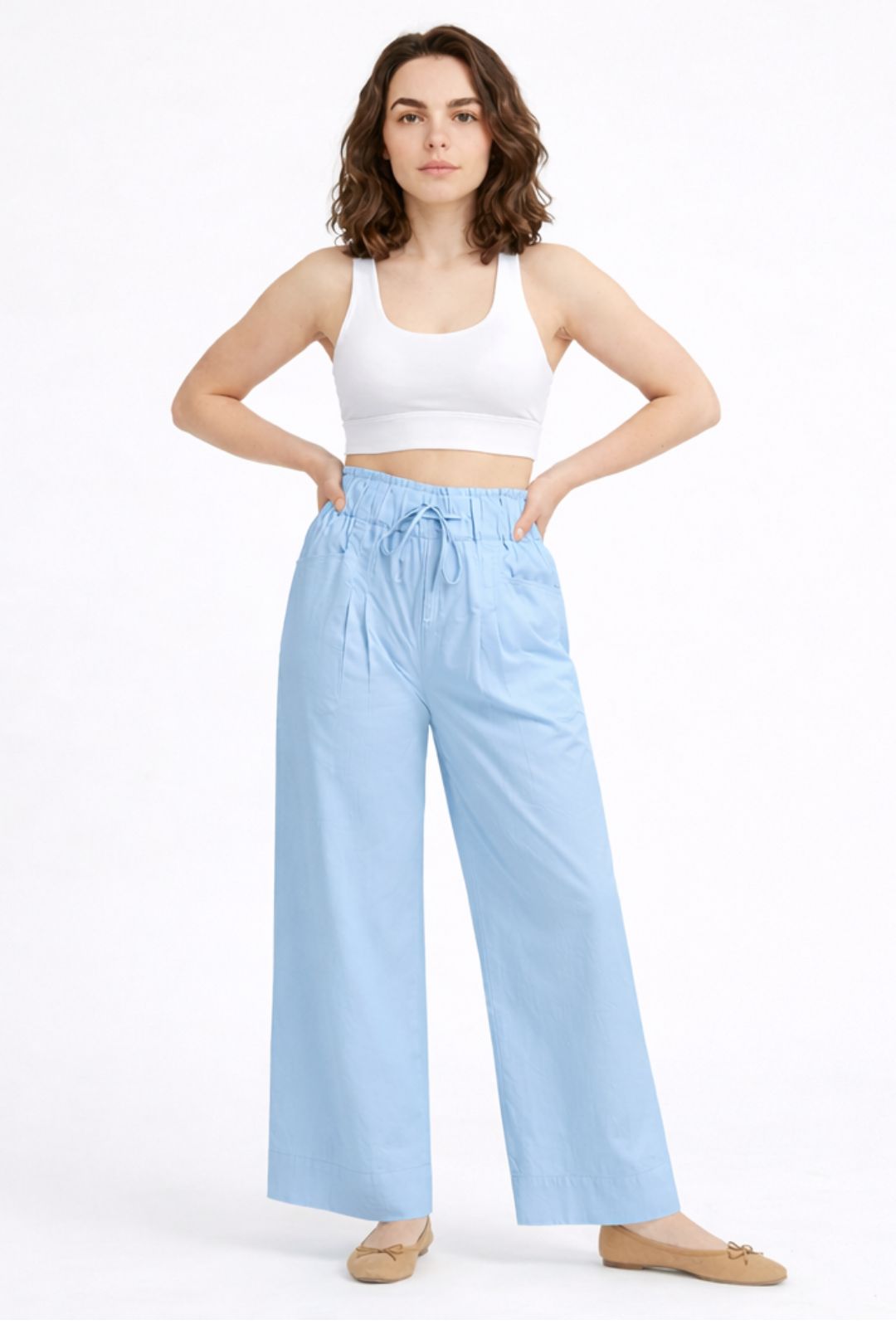 Women Light Sky Blue Cotton Poplin Wide Leg Trouser Elastic Waist Drawstring Pants